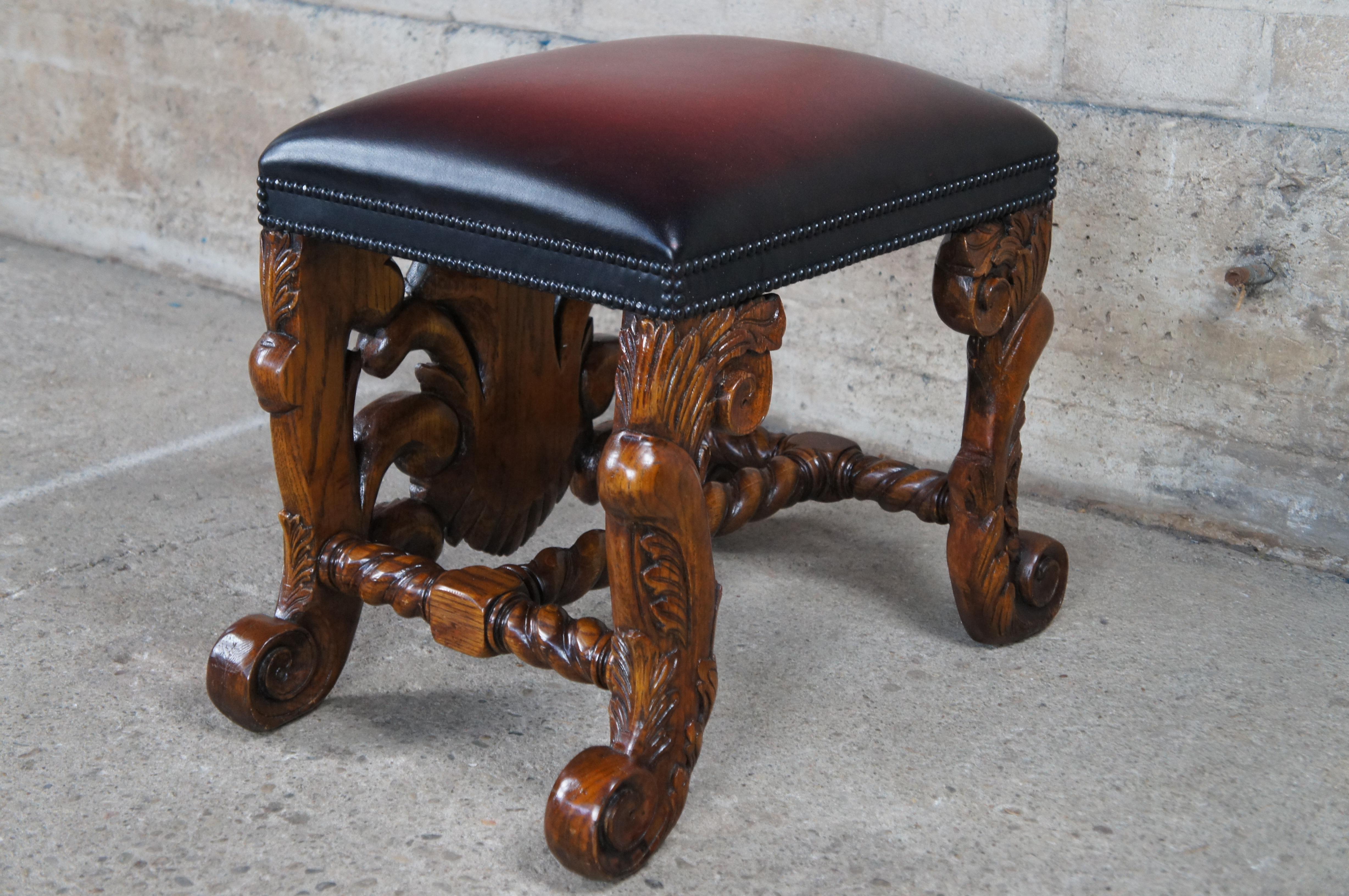 20th Century Theodore Alexander Mahogany Leather Nailhead Acanthus Foot Stool Rest Ottoman
