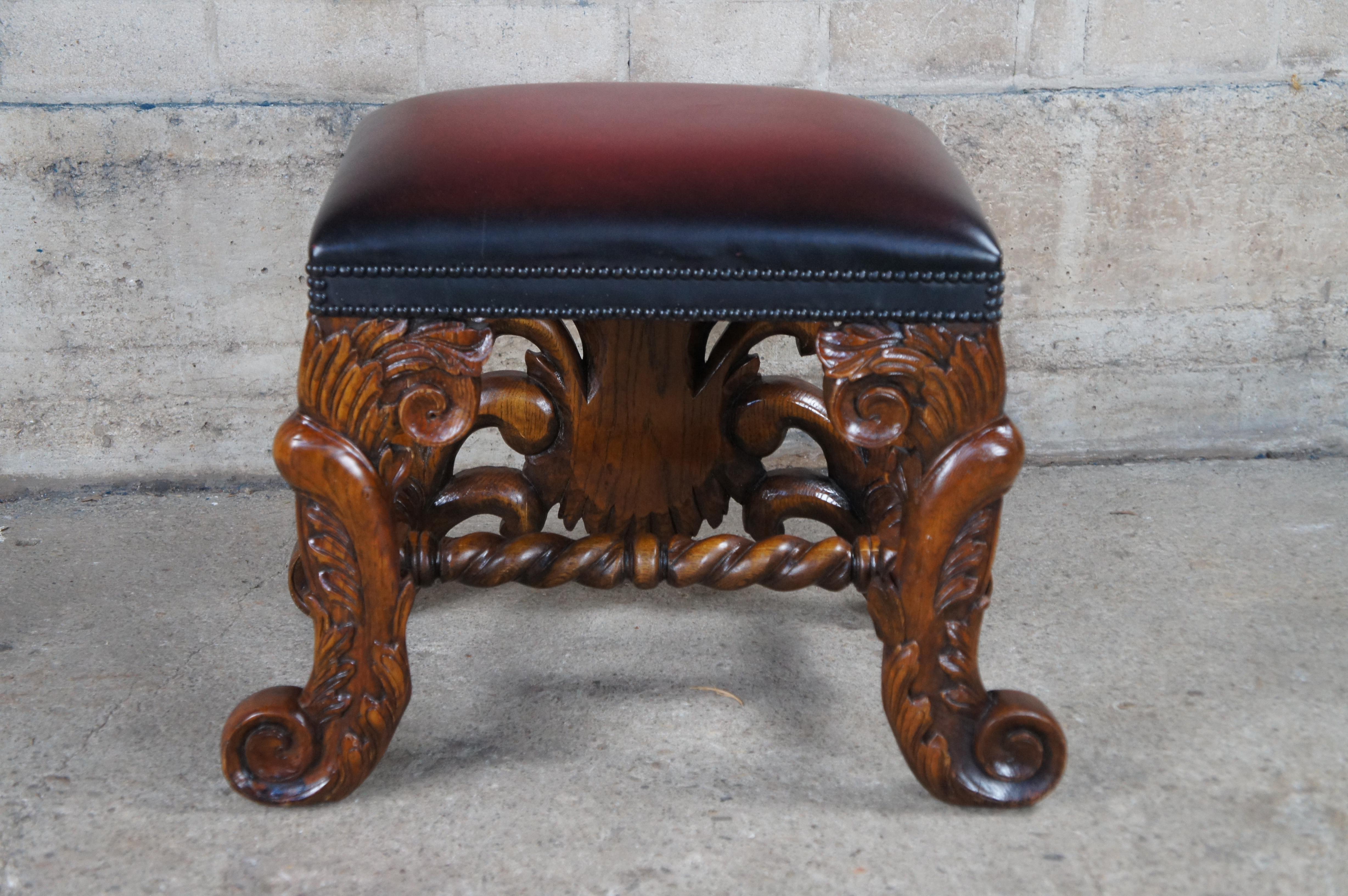 Theodore Alexander Mahogany Leather Nailhead Acanthus Foot Stool Rest Ottoman 1