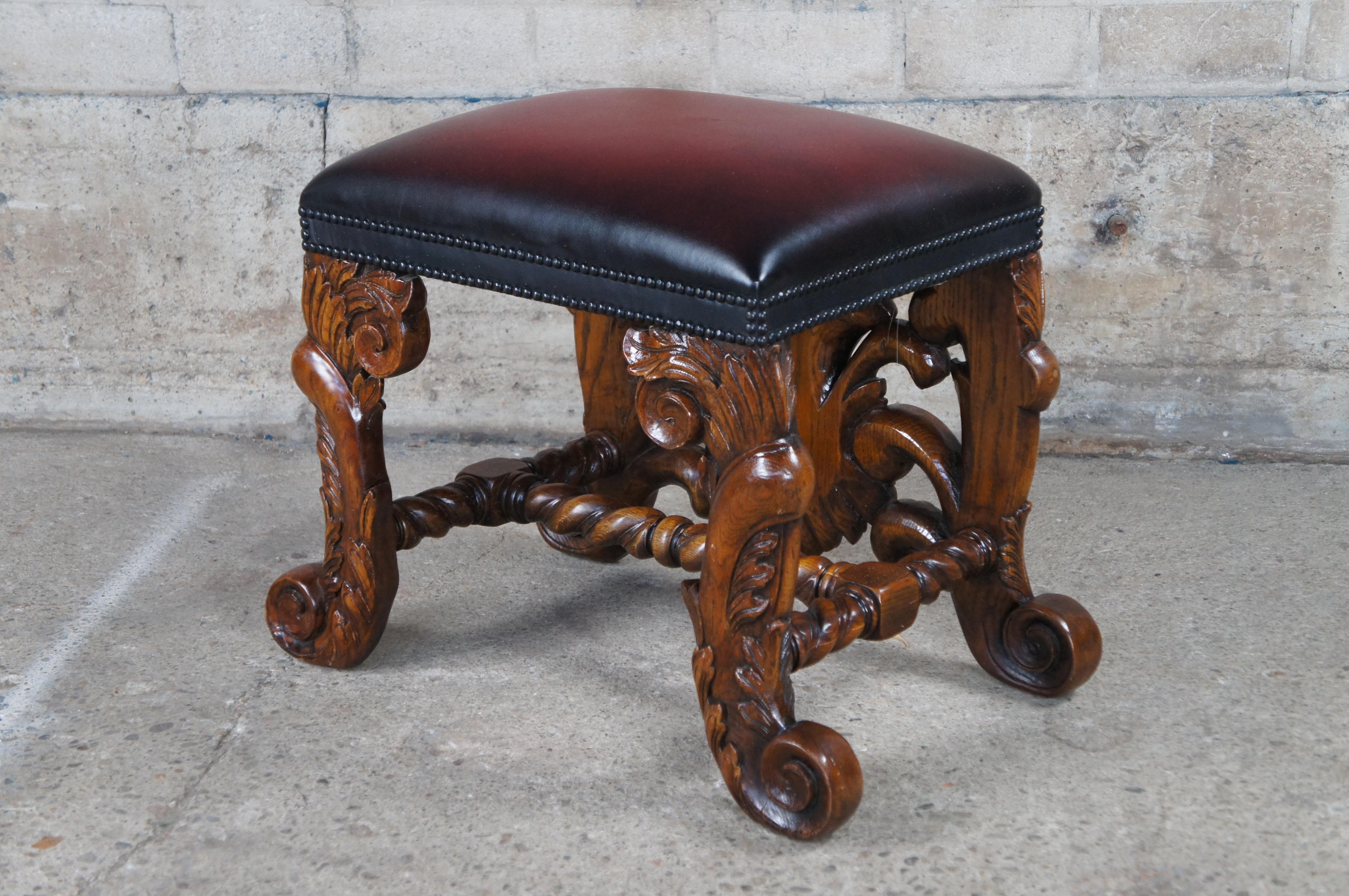 Theodore Alexander Mahogany Leather Nailhead Acanthus Foot Stool Rest Ottoman 2