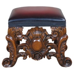 Theodore Alexander Mahogany Leather Nailhead Acanthus Foot Stool Rest Ottoman