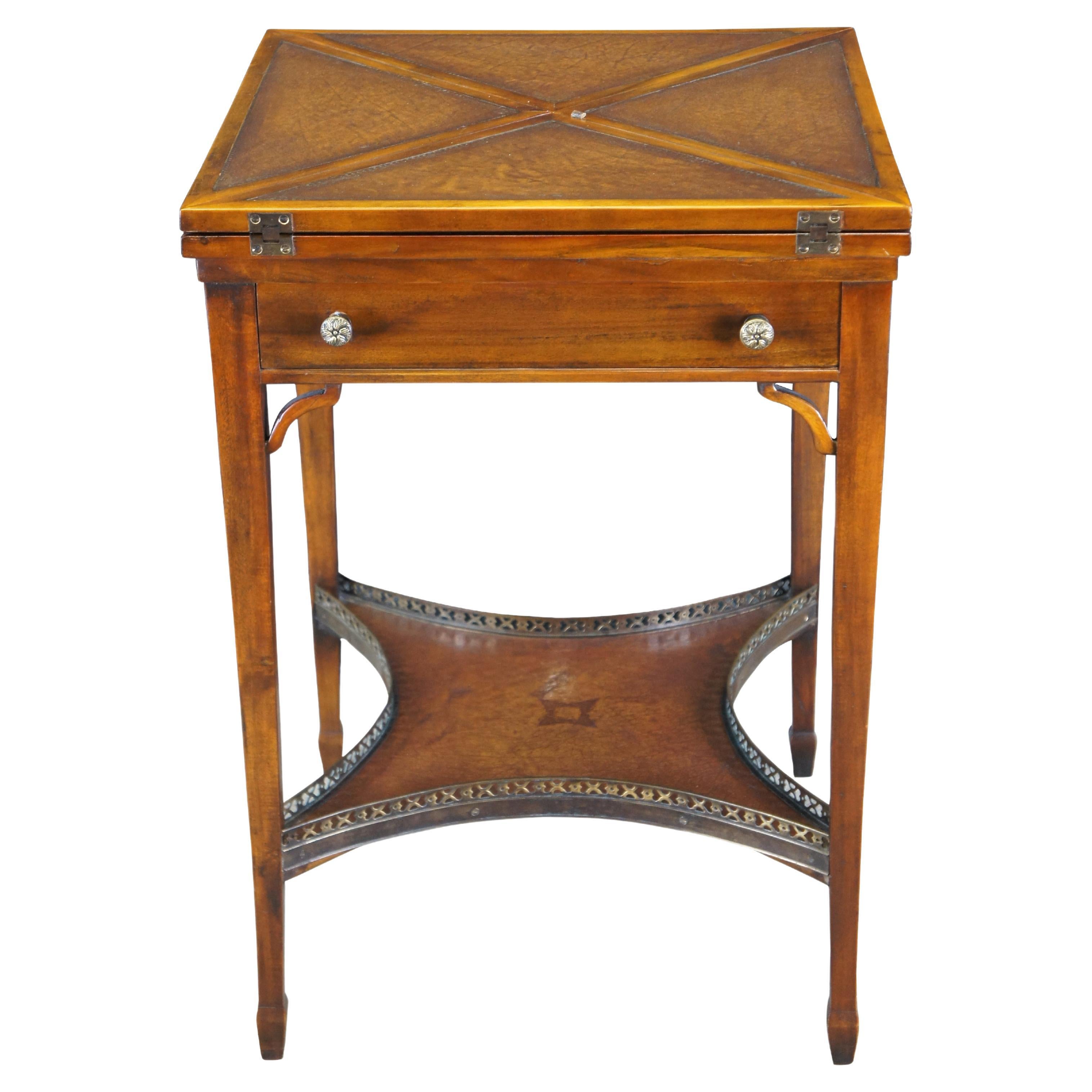 Theodore Alexander Mahogany Leather Tiered Handkerchief Game Card Accent Table 