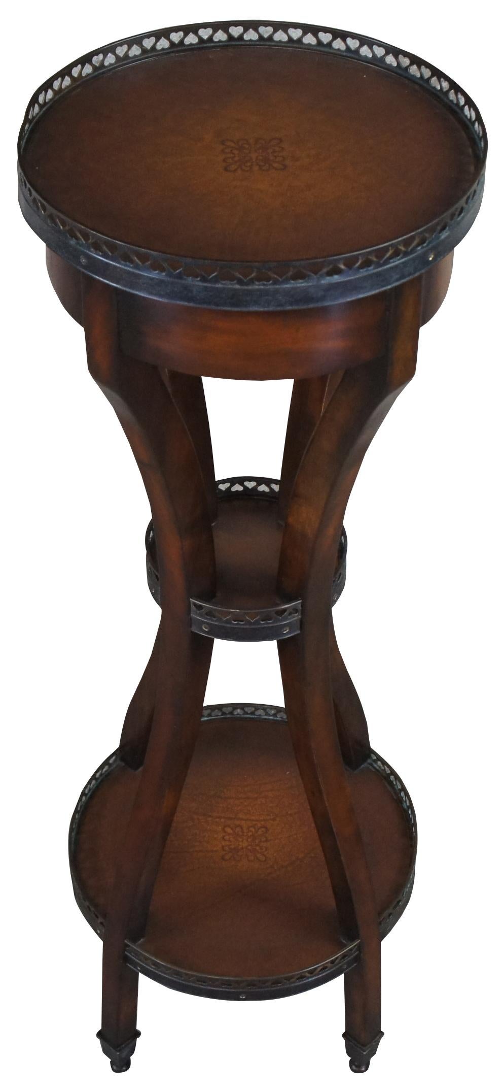 British Colonial Theodore Alexander Mahogany & Tooled Leather 3 Tier Pedestal Stand Display Table