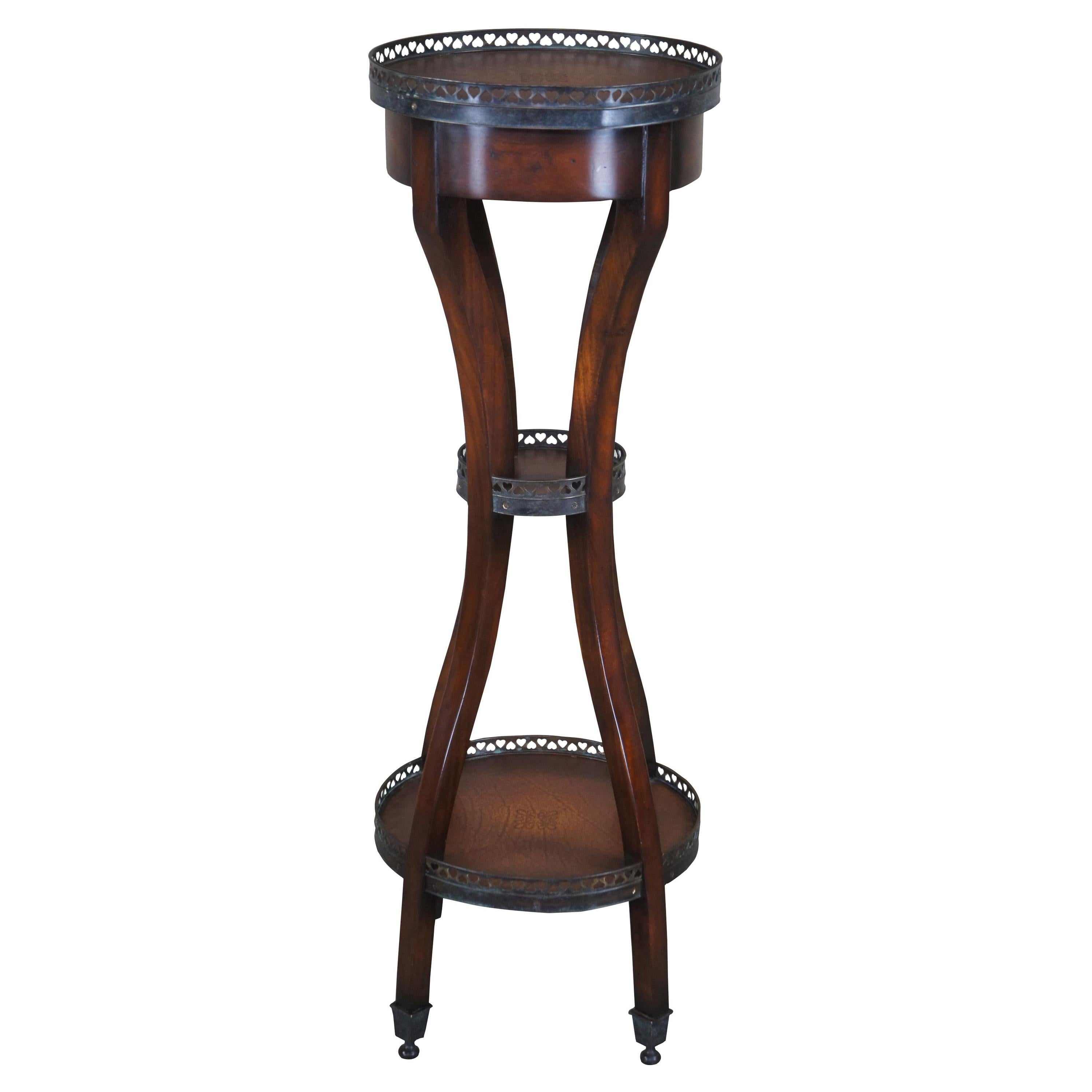 Theodore Alexander Mahogany & Tooled Leather 3 Tier Pedestal Stand Display Table