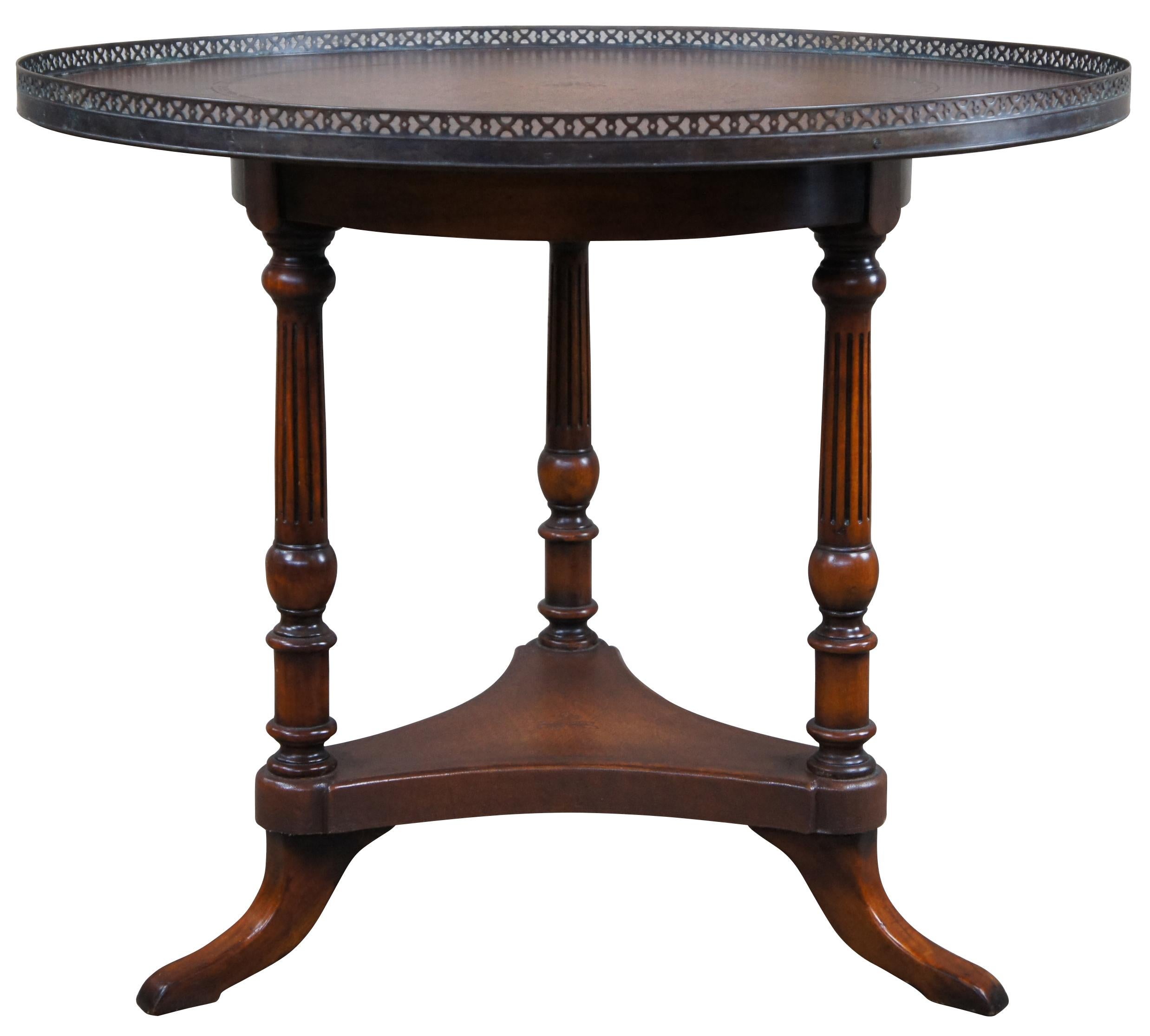 Sheraton Theodore Alexander Mahogany & Tooled Leather Entry Center Table Brass Gallery