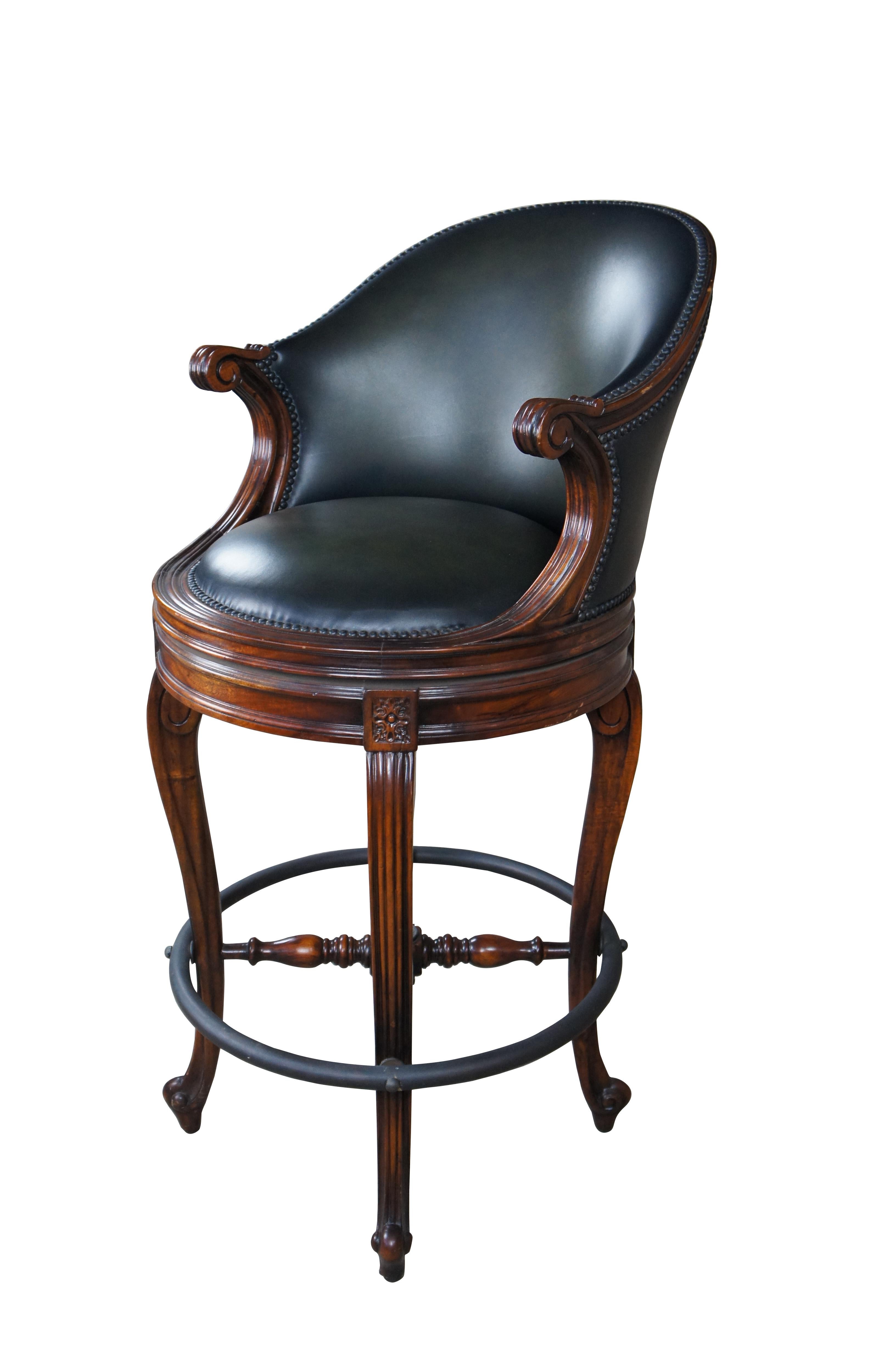 Theodore Alexander Napoleon III Mahogany Scoop Back Green Leather Bar Stool In Excellent Condition For Sale In Dayton, OH