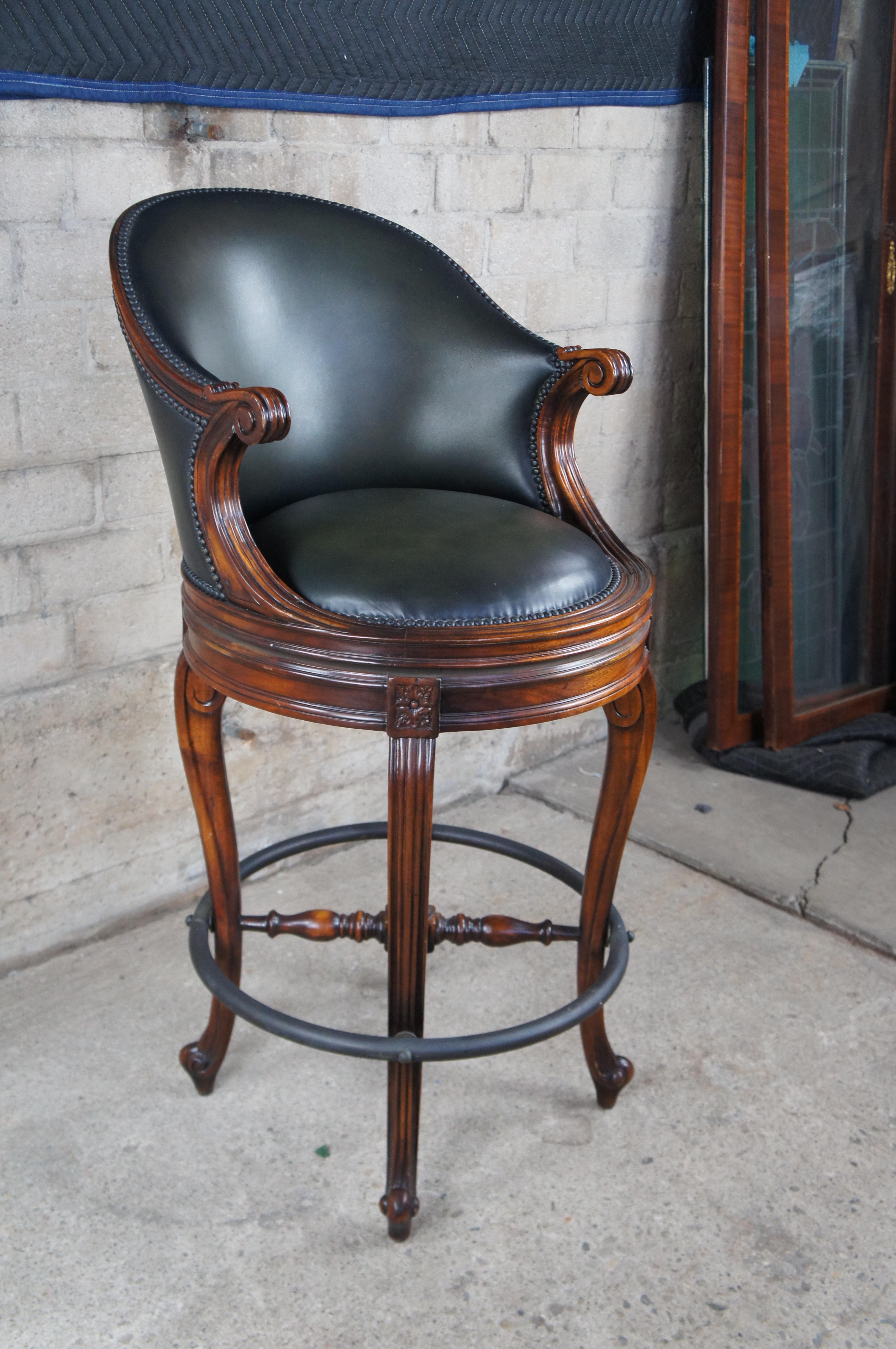 20th Century Theodore Alexander Napoleon III Mahogany Scoop Back Green Leather Bar Stool For Sale