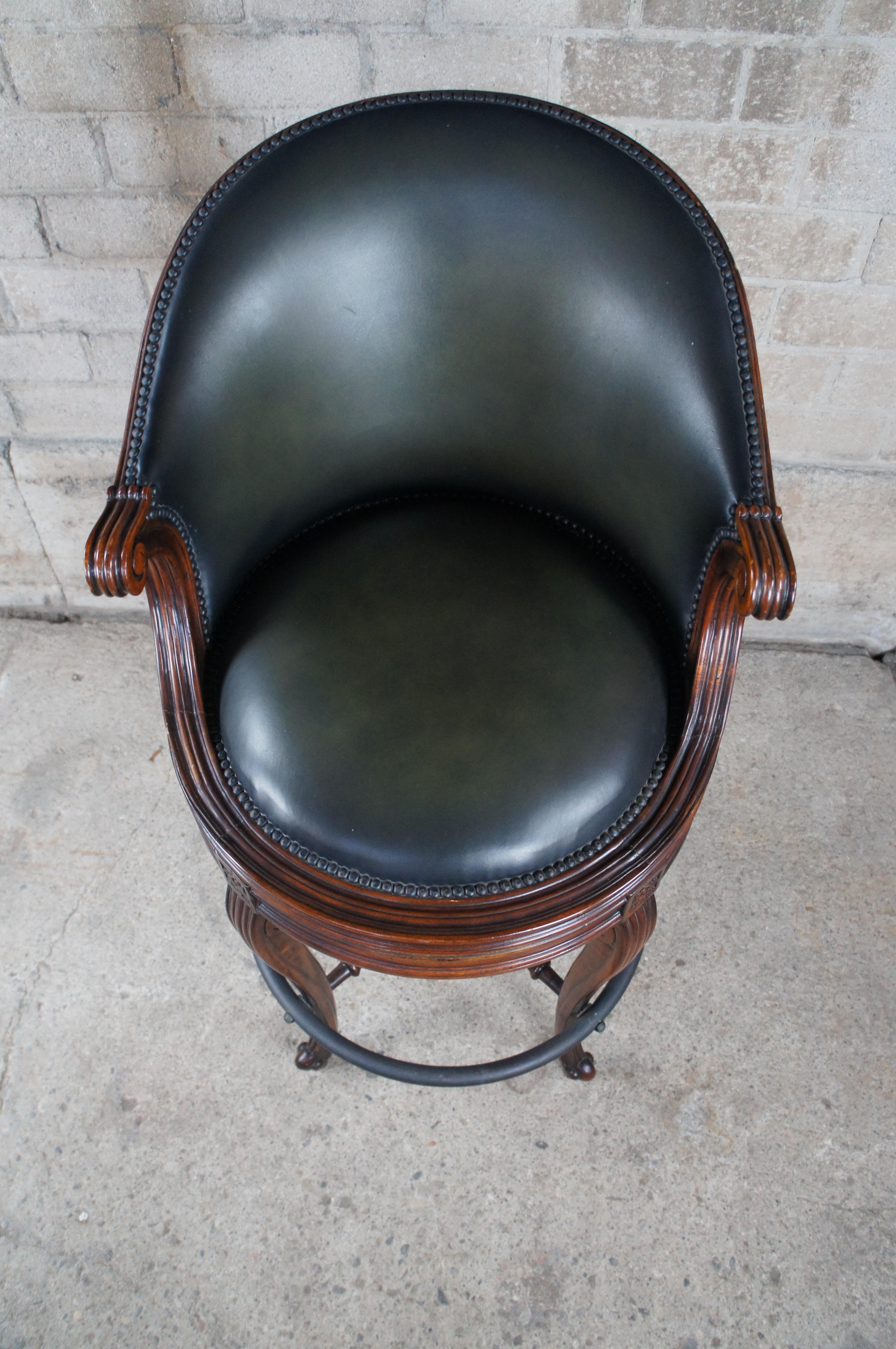 Brass Theodore Alexander Napoleon III Mahogany Scoop Back Green Leather Bar Stool For Sale