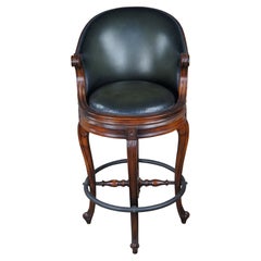 Retro Theodore Alexander Napoleon III Mahogany Scoop Back Green Leather Bar Stool