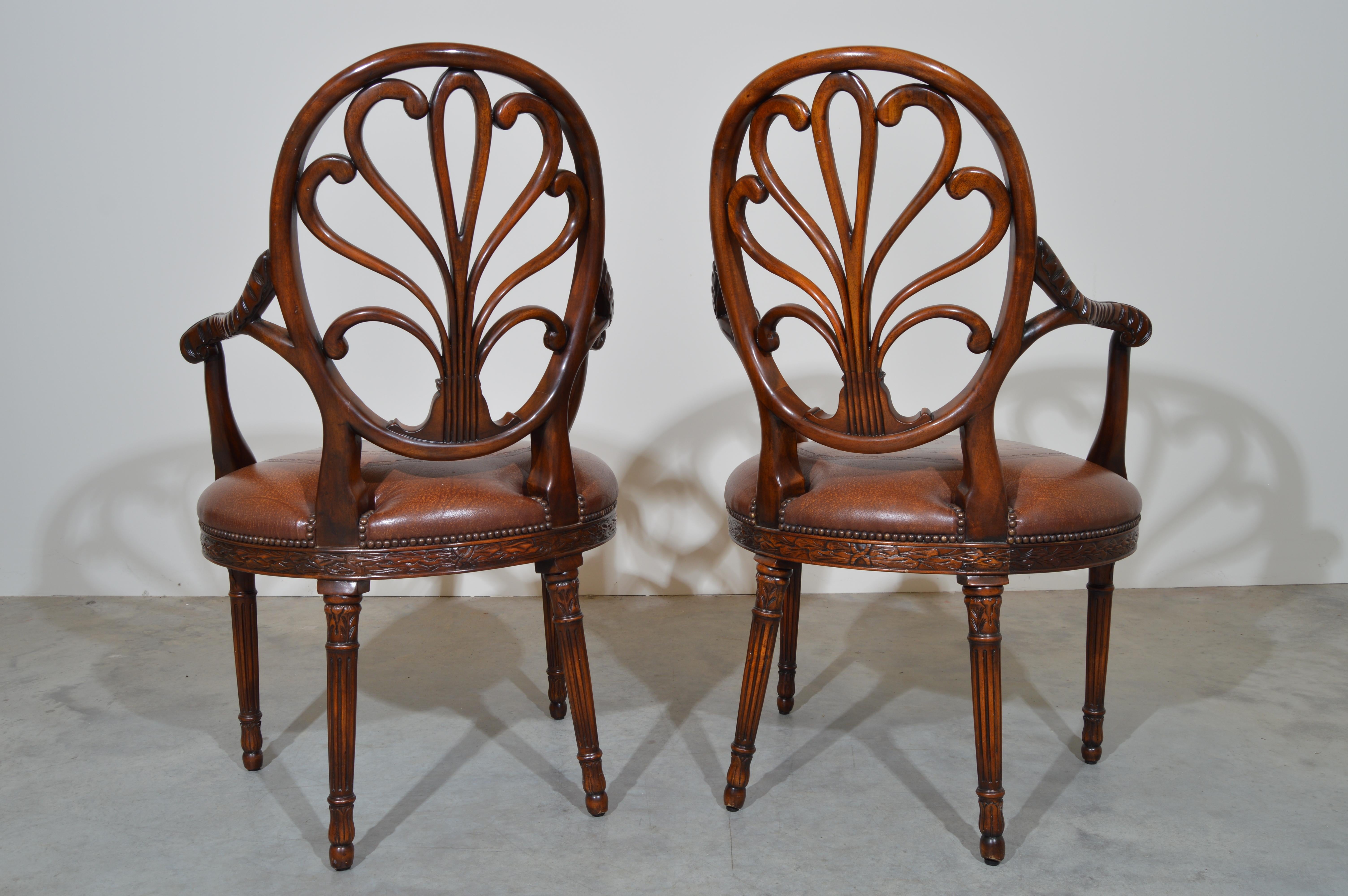 American Theodore Alexander Neoclassical Carved Back Open Armchairs A Pair
