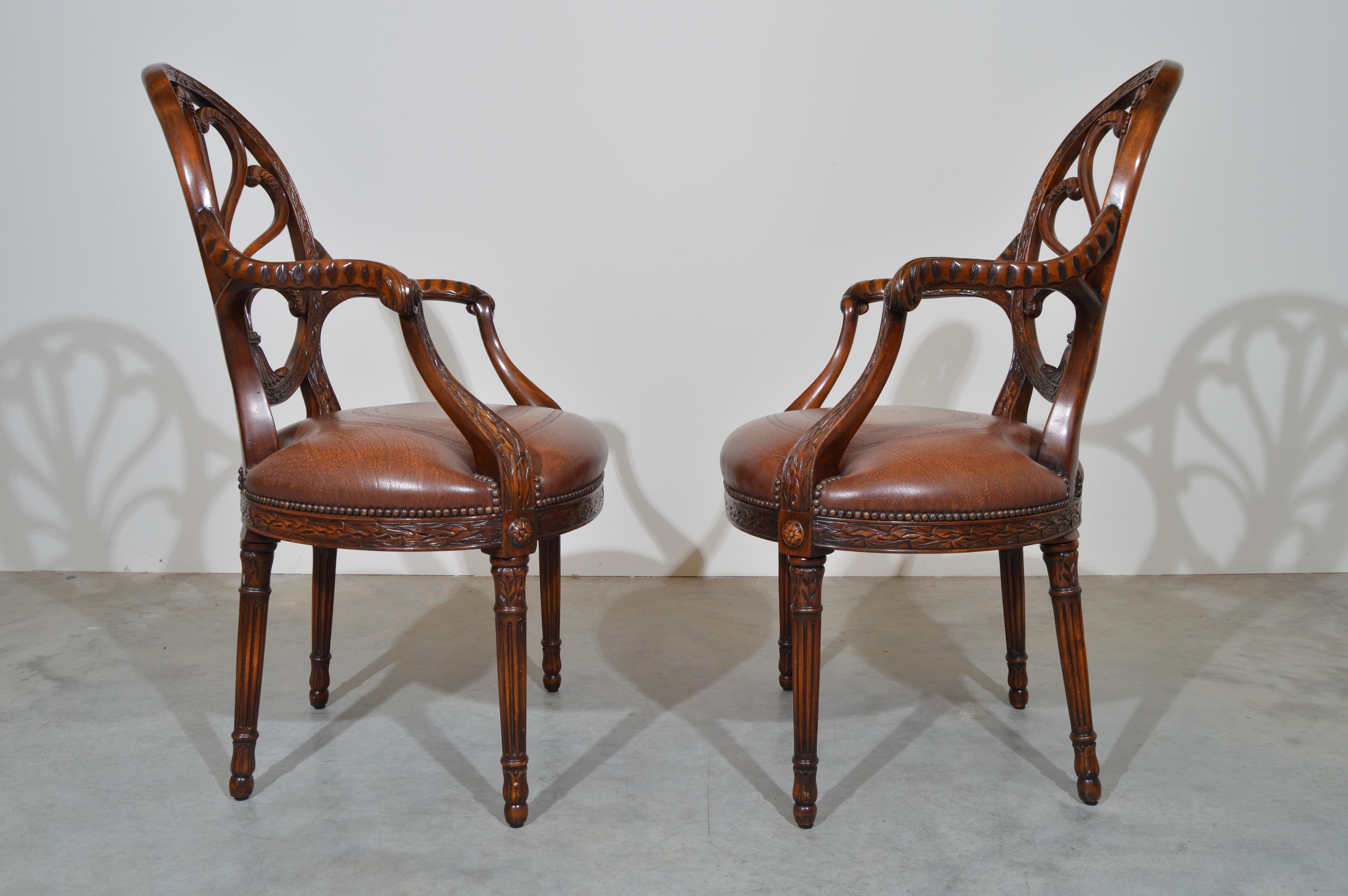 Hand-Carved Theodore Alexander Neoclassical Carved Back Open Armchairs A Pair