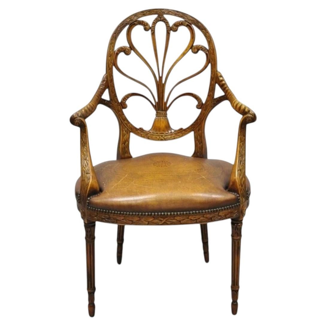 Theodore Alexander Neoclassical Regency Style Carved Mahogany Leather Arm Chair