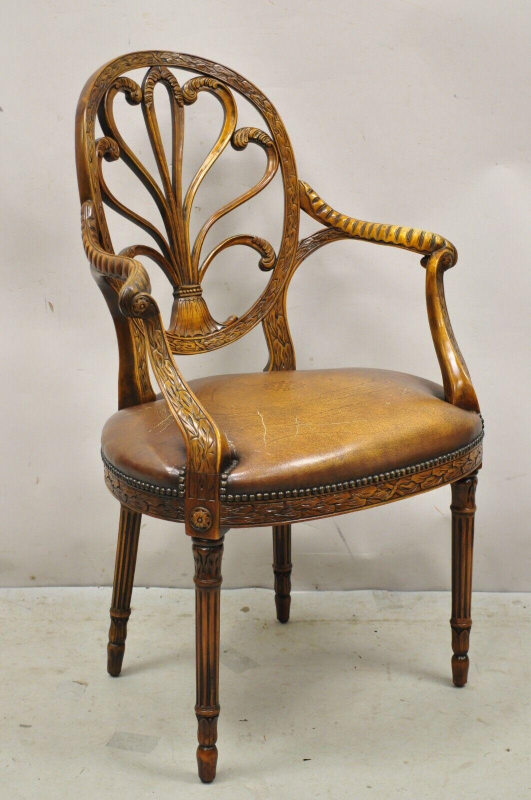 Theodore Alexander Neoclassical Regency Style Carved Open Back Arm Chair. Item features tooled leather seat, solid wood frame, beautiful wood grain nicely carved details, quality craftsmanship, great style and form. Circa Late 20th - 21st Century.