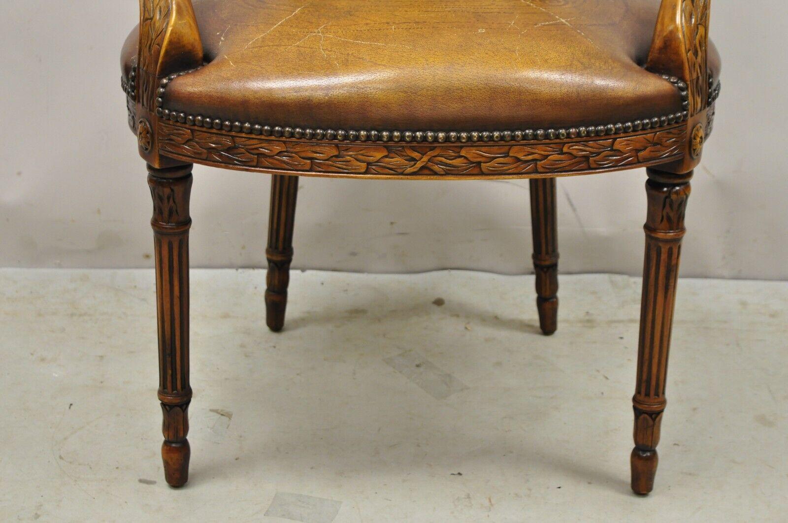 Leather Theodore Alexander Neoclassical Regency Style Carved Open Back Arm Chair For Sale
