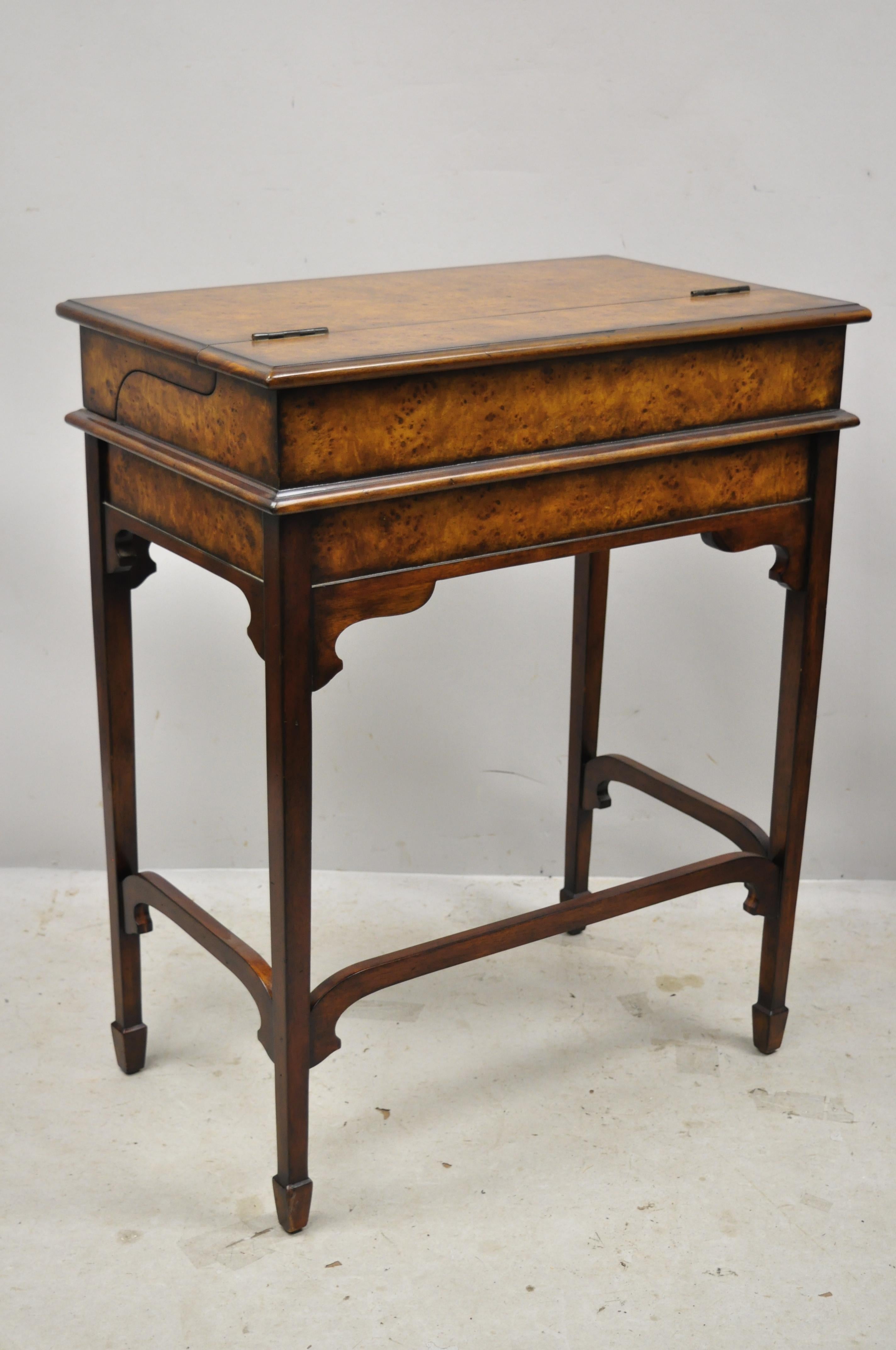 Theodore Alexander officers and gentlemen Campaign desk burl wood English style. Item features flip top with fitted interior, tapered legs, picture holders, original label, working lock and key, 1-drawer, quality craftsmanship, great style and form,