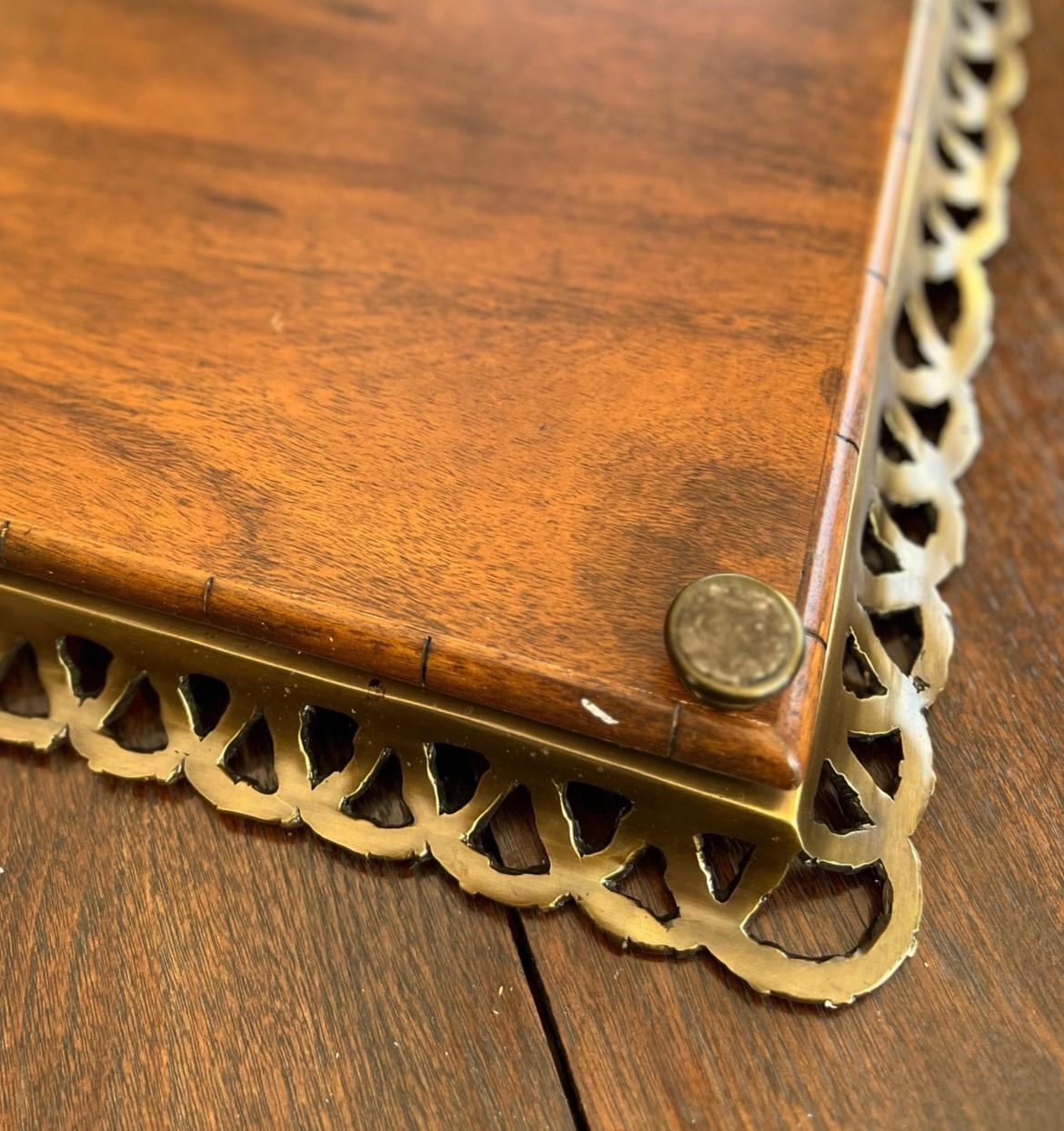 Theodore Alexander Oyster Veneer Tray With Antiqued Brass Gallery and Bun Feet For Sale 5