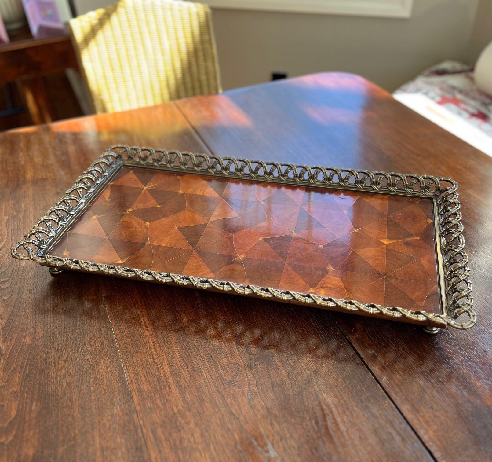 Victorian Theodore Alexander Oyster Veneer Tray With Antiqued Brass Gallery and Bun Feet For Sale