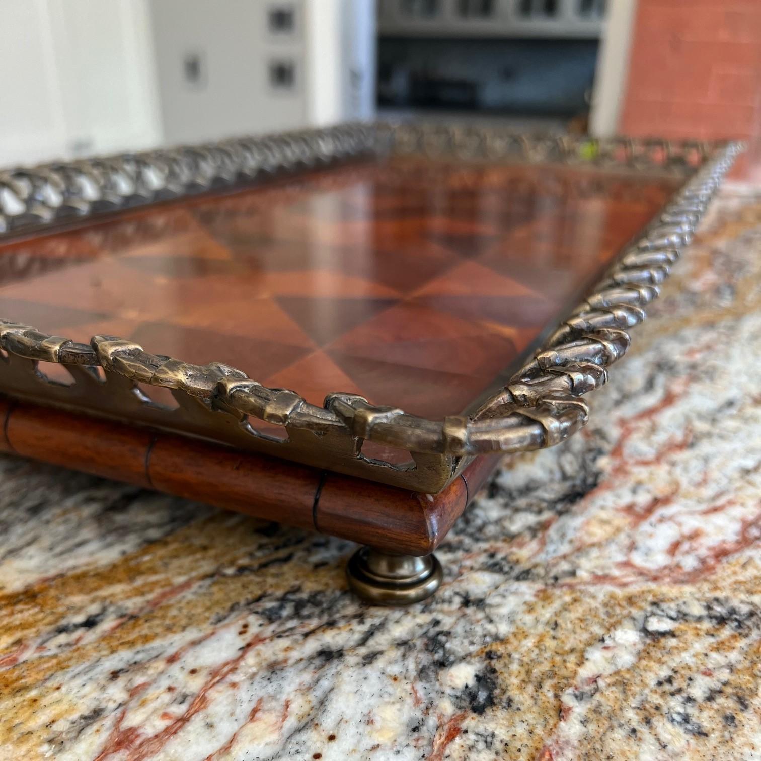 Theodore Alexander Oyster Veneer Tray With Antiqued Brass Gallery and Bun Feet In Good Condition For Sale In Morristown, NJ