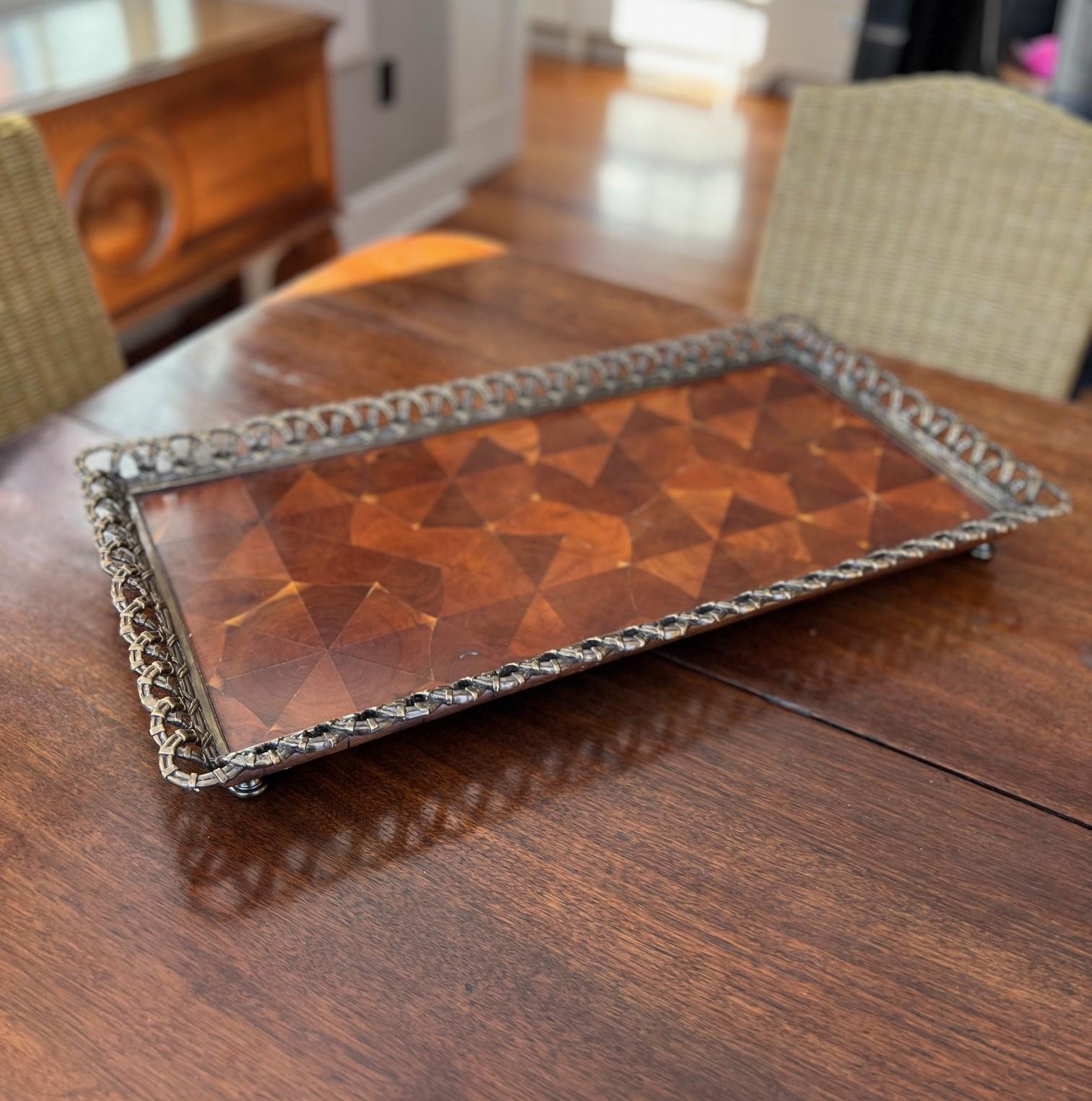 Theodore Alexander Oyster Veneer Tray With Antiqued Brass Gallery and Bun Feet For Sale 1
