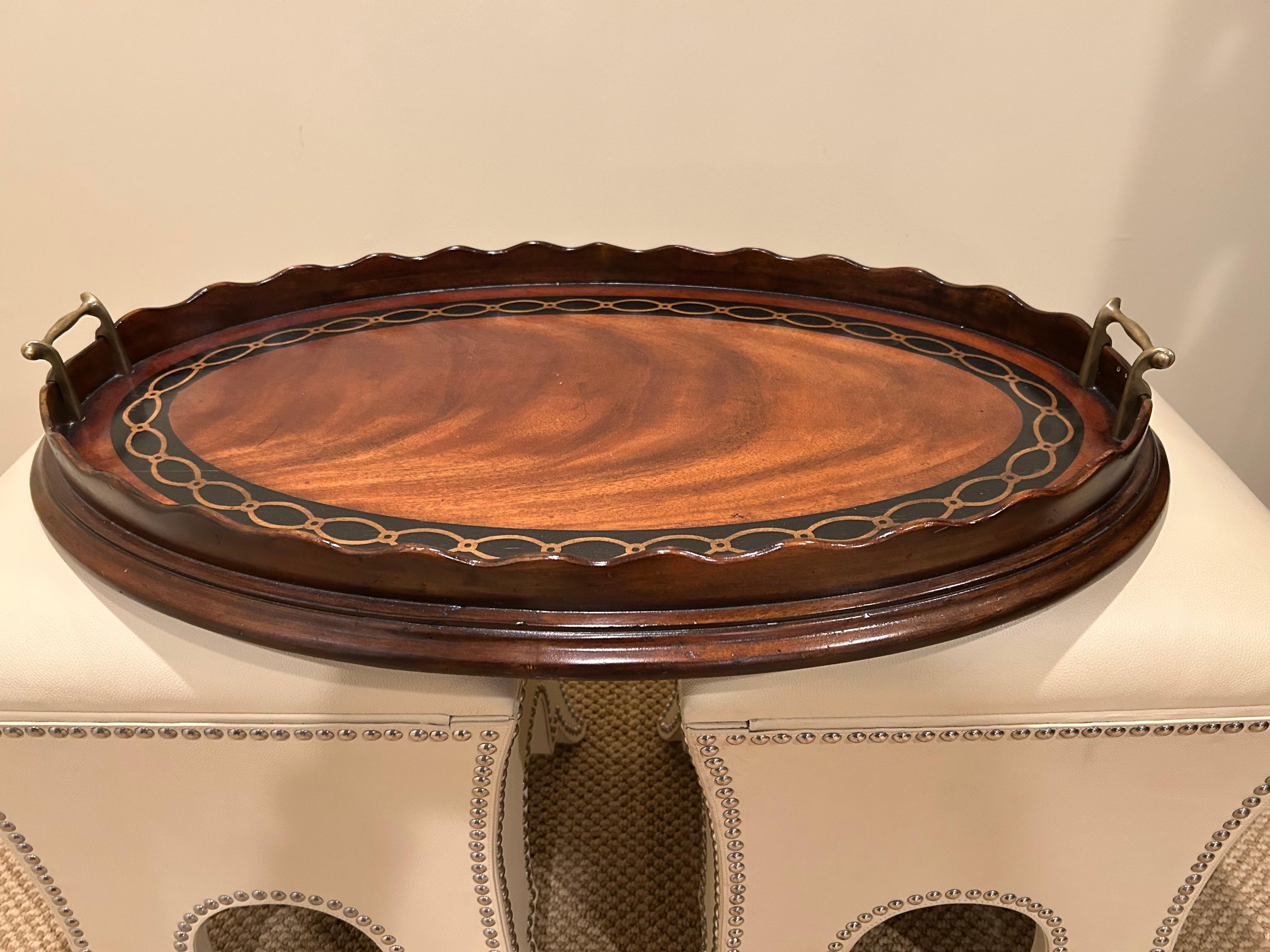 Mahogany Theodore Alexander Pie Crust Edge Inlaid Serving Tray For Sale