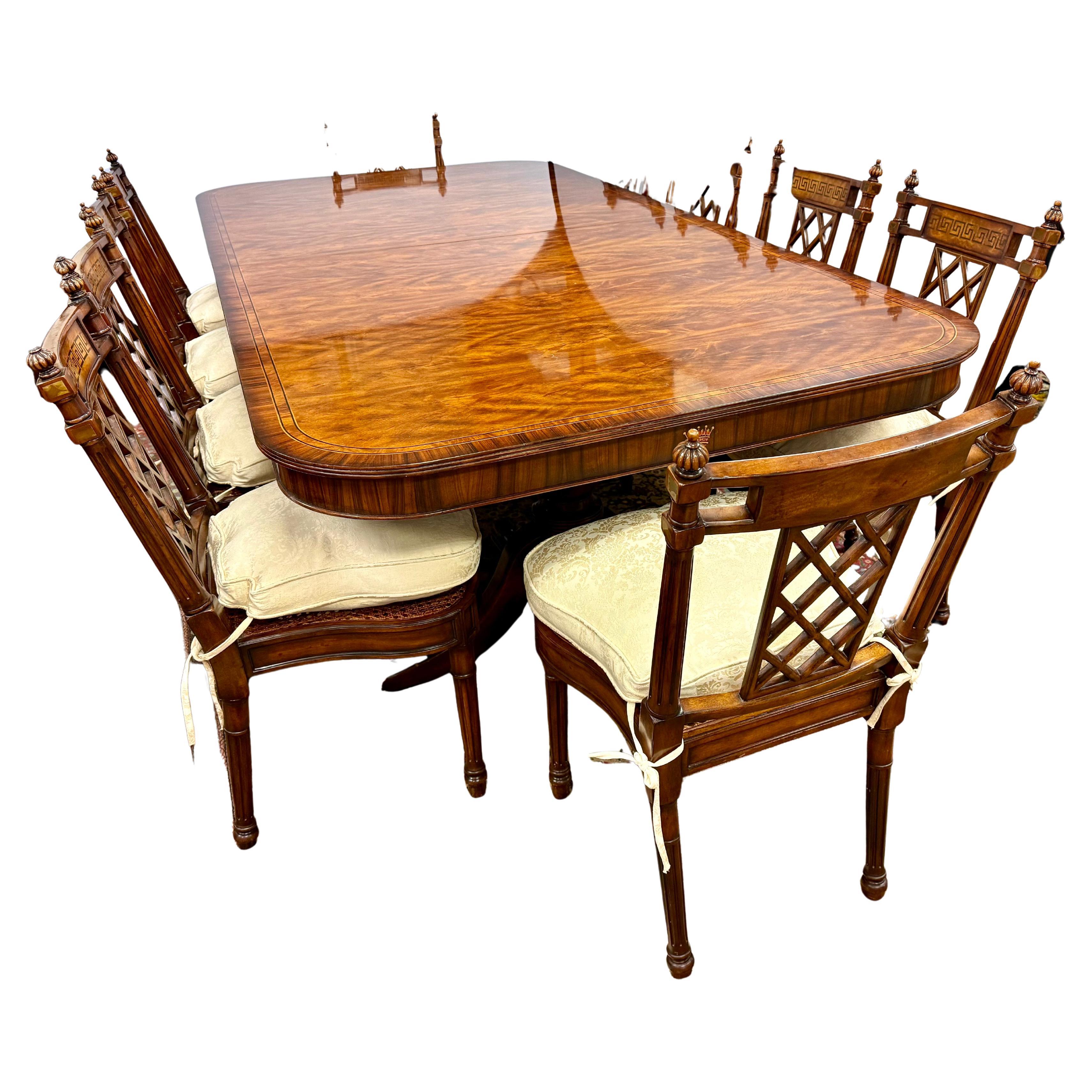 Stunning expandable Theodore Alexander flame mahogany dining room table that expands from 8FT with no leaves inserted, to 12FT when both of the 24