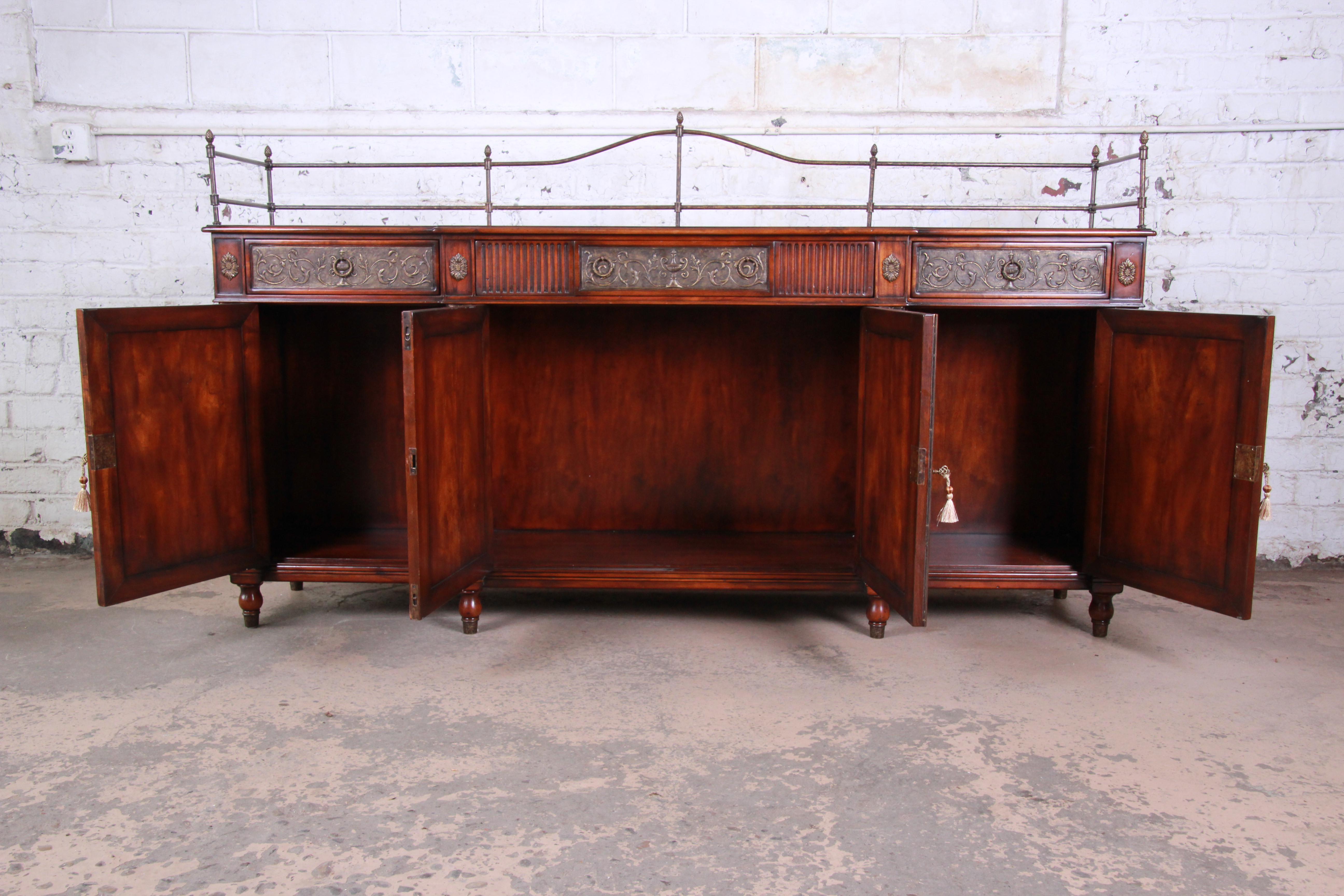 Brass Theodore Alexander Regency Style Flame Mahogany Sideboard or Bar Cabinet