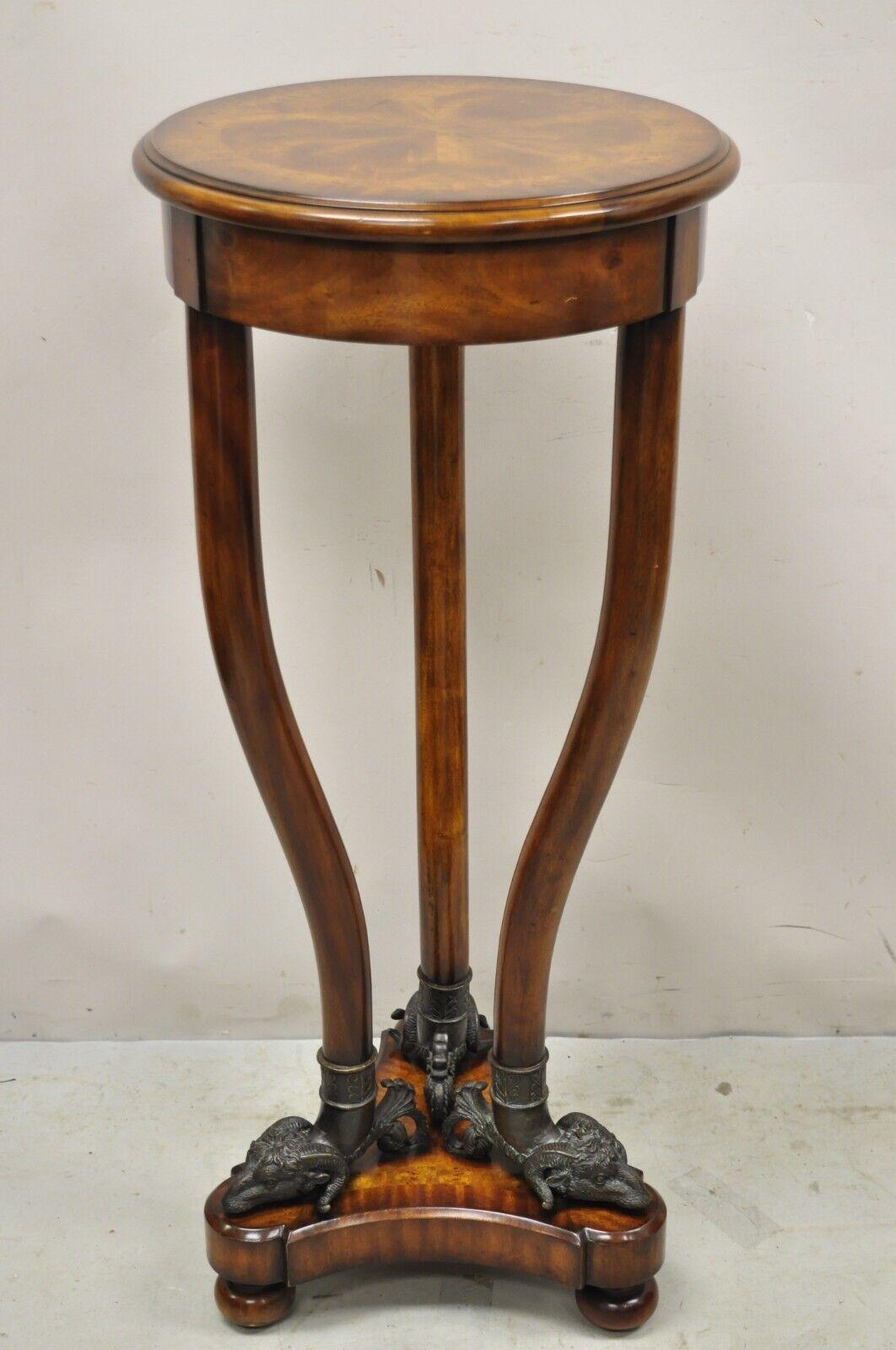 Theodore Alexander Regency Style Mahogany Tripod Pedestal Plant stand with Bronze Rams. Item features cast bronze figural rams head tripod base, beautiful wood grain, original label, very nice vintage item, great style and form. circa Late 20th
