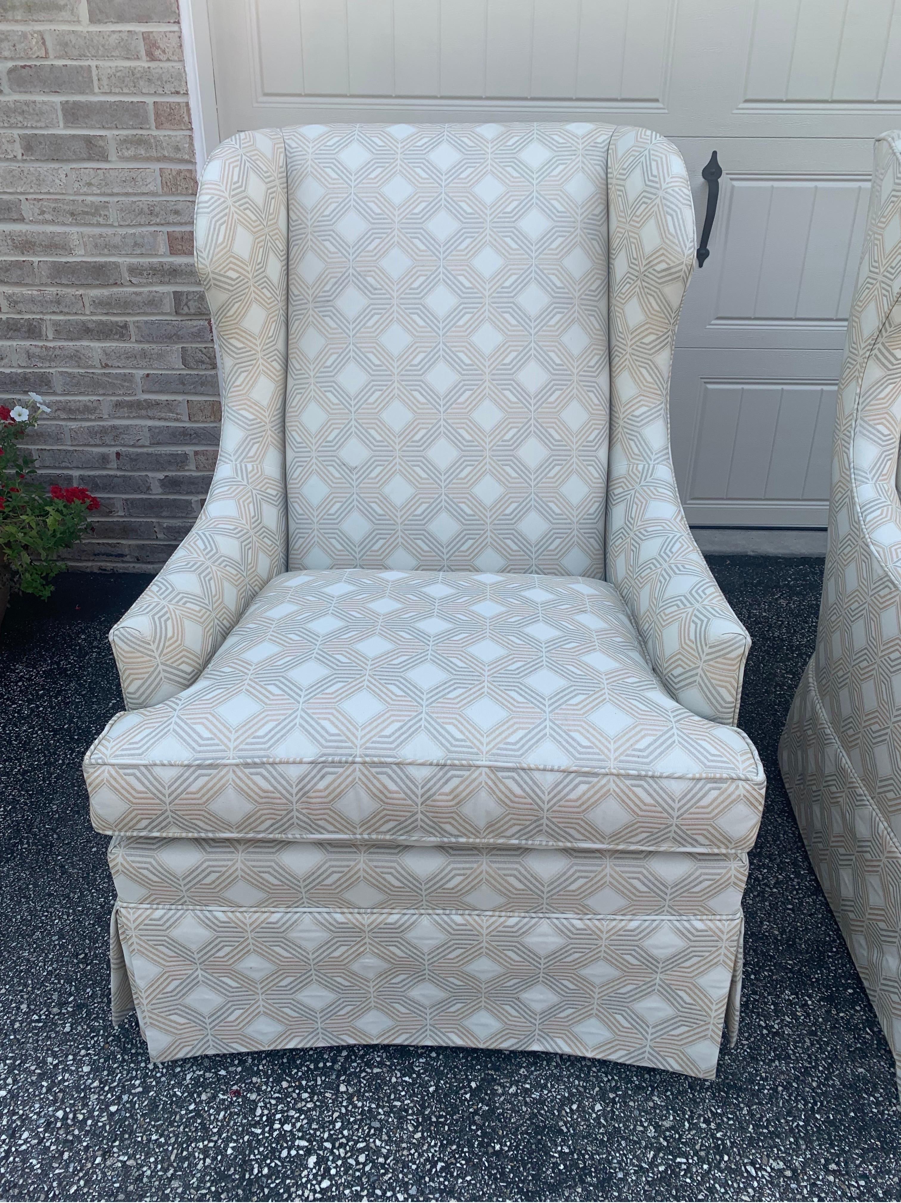 Absolutely gorgeous set of 2 upholstered skirted wingback chairs by Theodore Alexander. The chairs are in great condition with a couple minor marks on the back. 

Chairs measure:
45