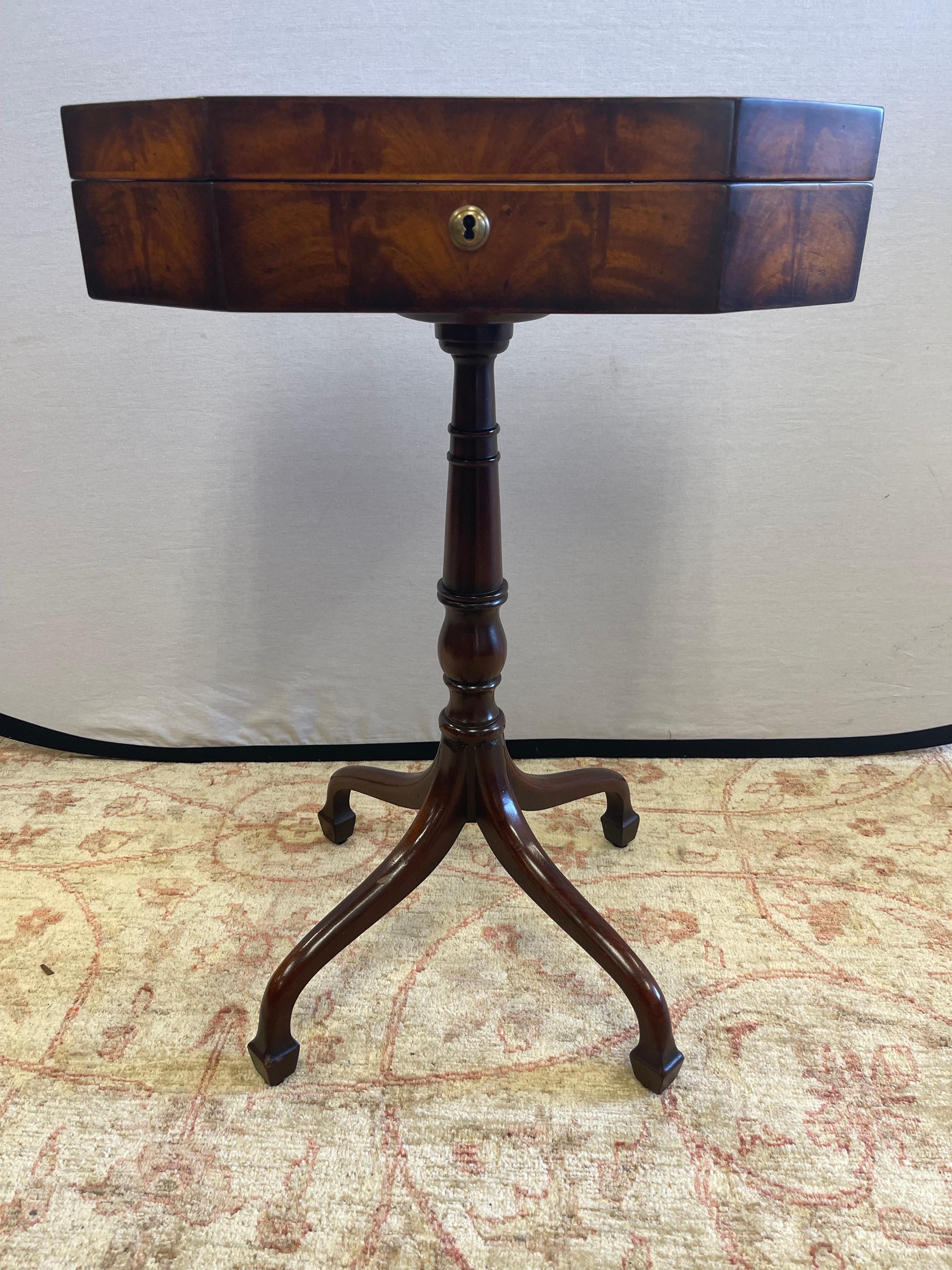 Theodore Alexander Althorp parquetry work box writing desk table featuring hinged top decorated with fine parquetry inlay. From the Althorp Living History Collection; reproduced from the Althorp Estate, childhood home of Princess Diana. Spencer coat