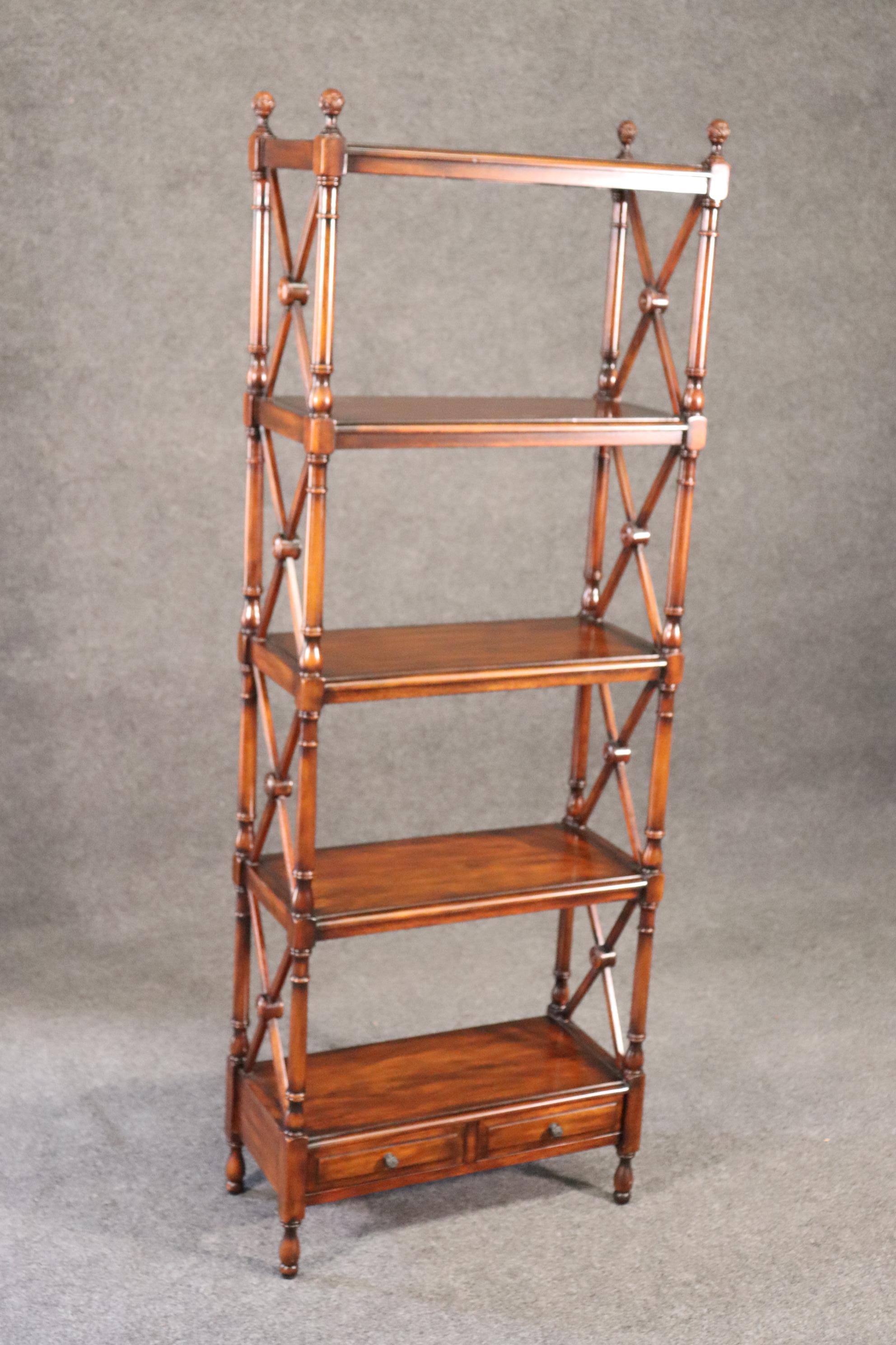 This is a Classic solid mahogany etagere display shelf made by Theodore Alexander. It features two small drawers and beautiful antique quality carving and design. The etagere measures 62 tall x 22 wide x 10 deep. This is in excellent used condition.