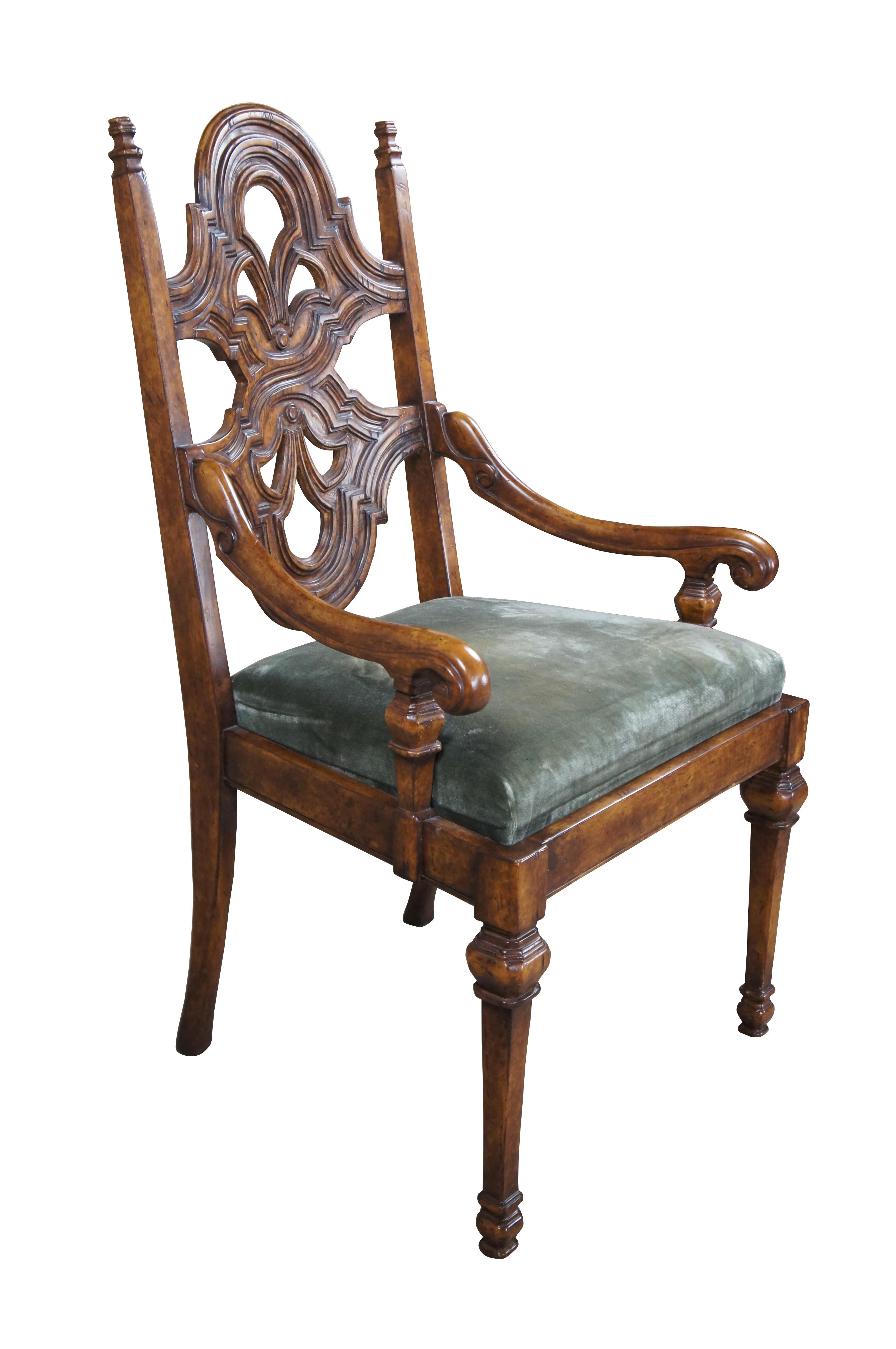 Spanish Colonial Theodore Alexander Spanish Revival Carved Mahogany Arm Desk Chair Velvet Seat