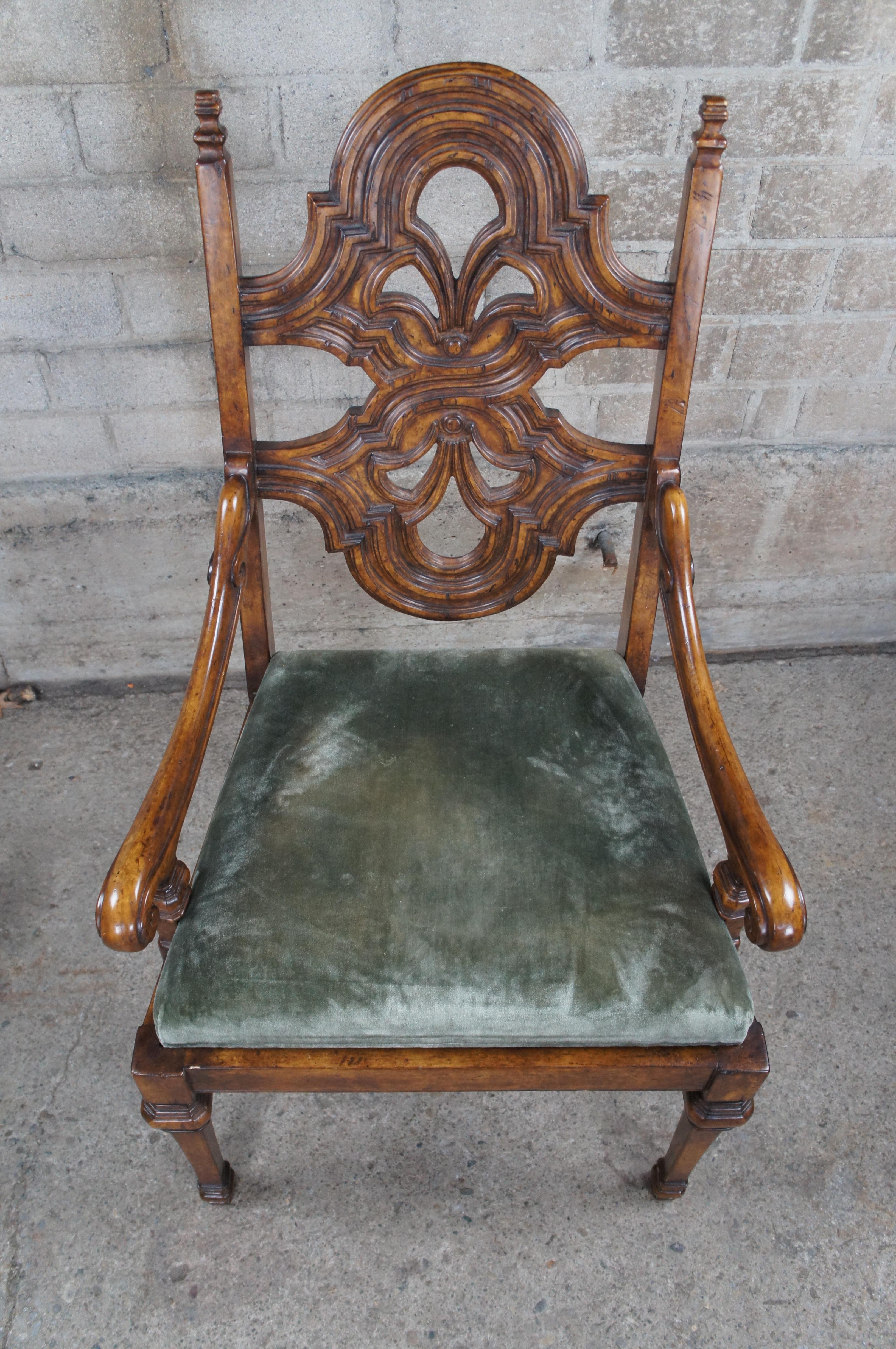 Theodore Alexander Spanish Revival Carved Mahogany Arm Desk Chair Velvet Seat In Good Condition In Dayton, OH