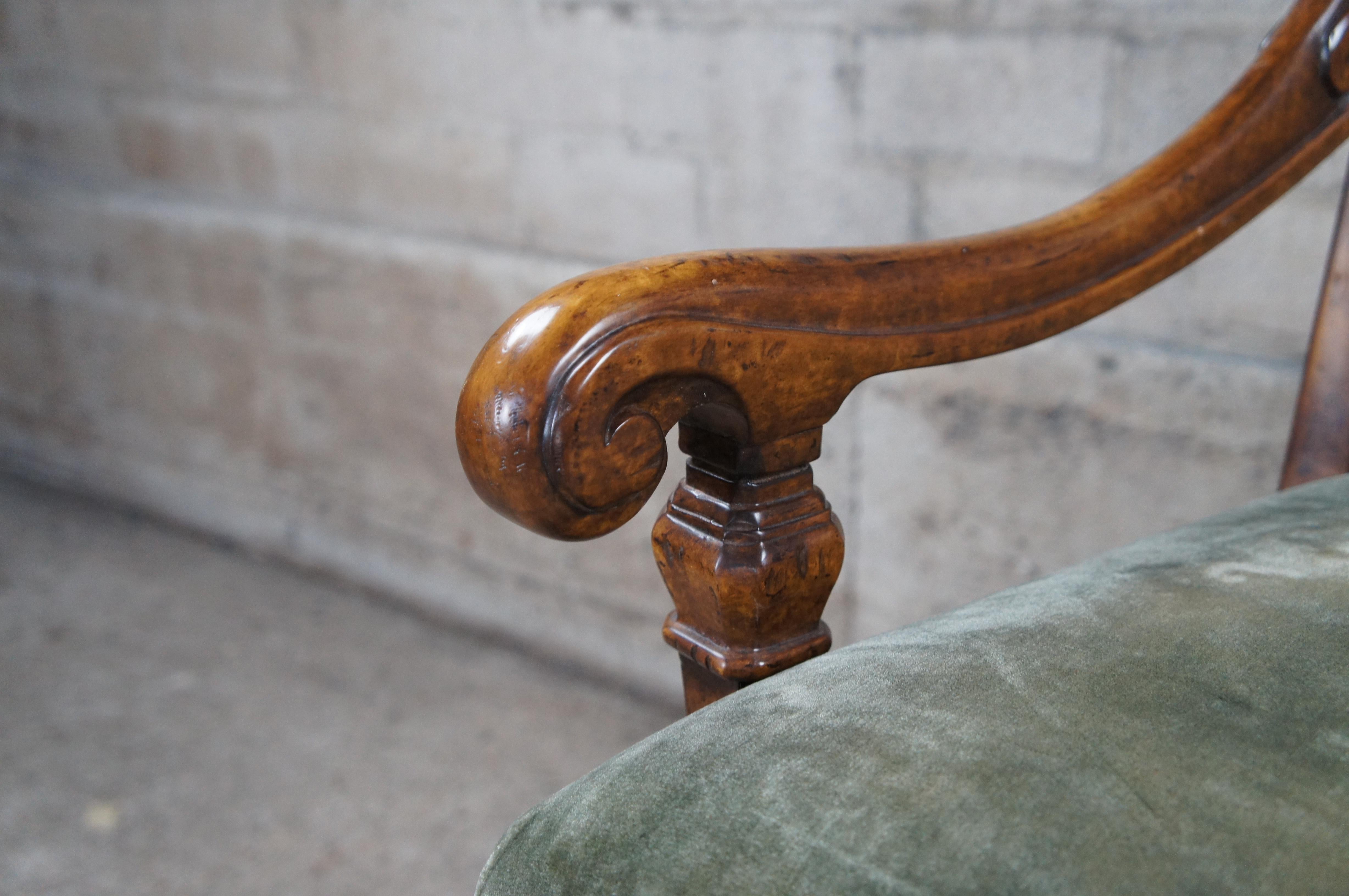 Theodore Alexander Spanish Revival Carved Mahogany Arm Desk Chair Velvet Seat 1