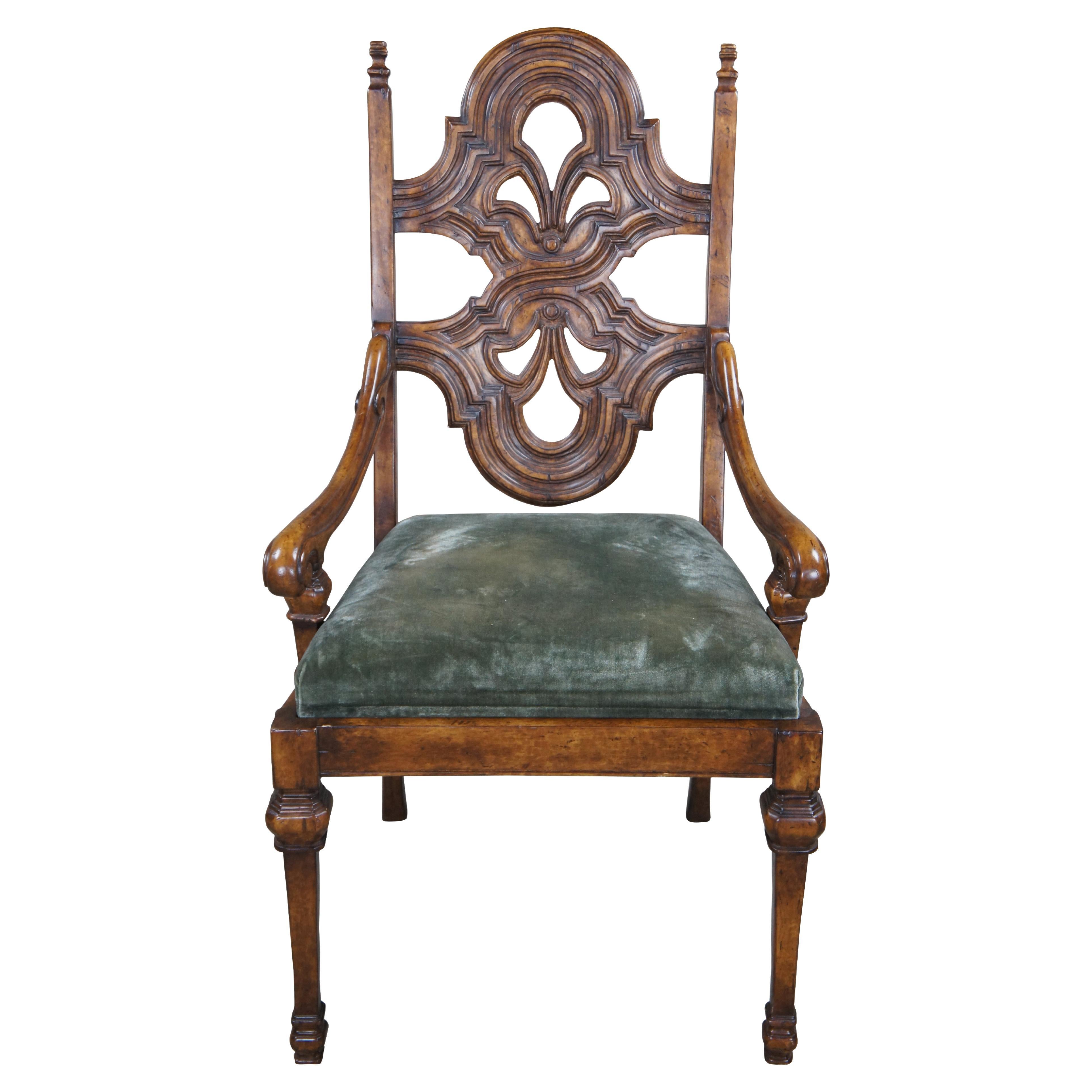 Theodore Alexander Spanish Revival Carved Mahogany Arm Desk Chair Velvet Seat