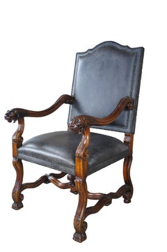 Theodore Alexander Spanish Tuscan Figural Lion Head Mahogany Leather Arm Chair