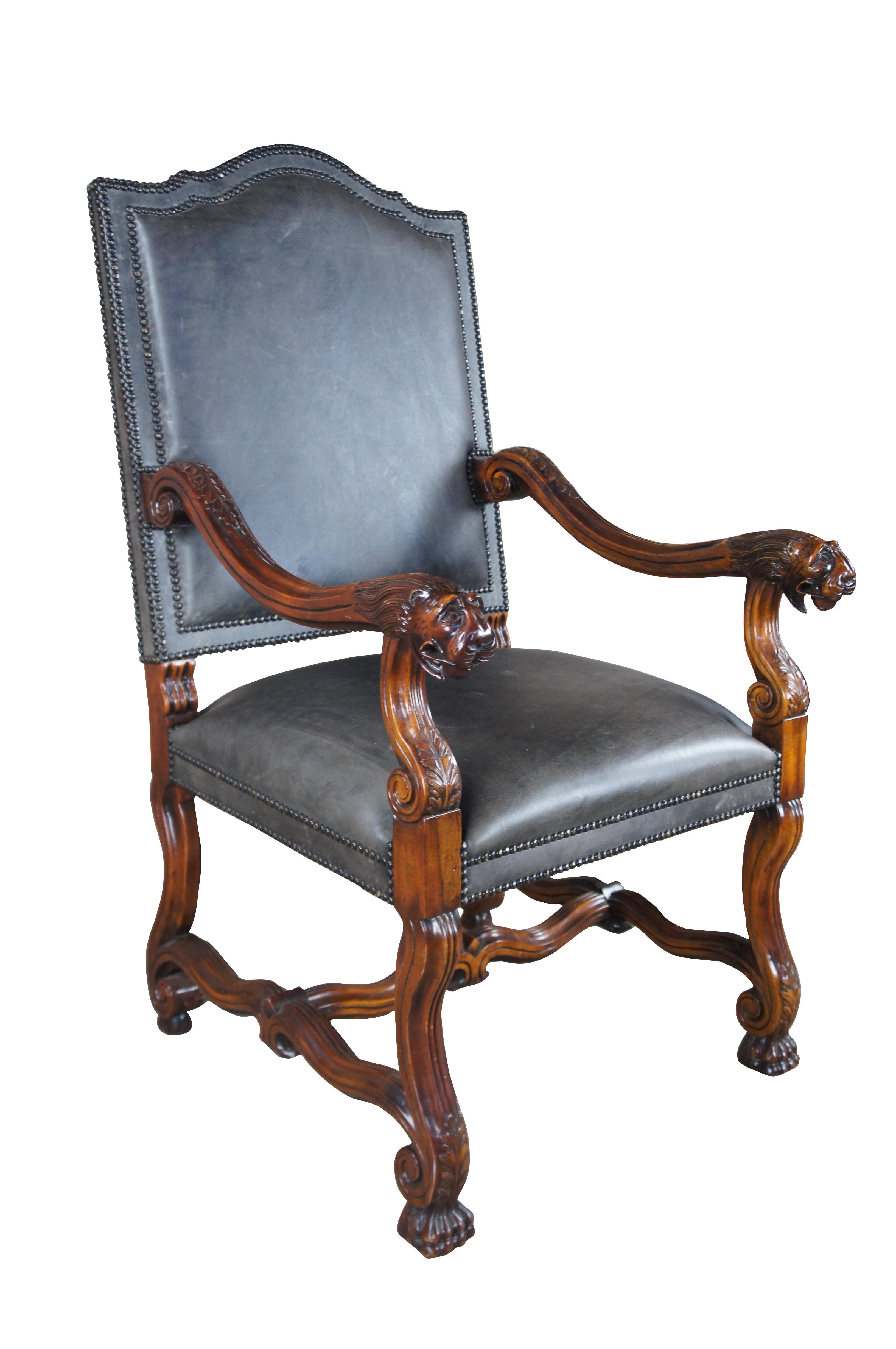 Spanish Colonial Theodore Alexander Spanish Tuscan Figural Lion Head Mahogany Leather Arm Chair For Sale
