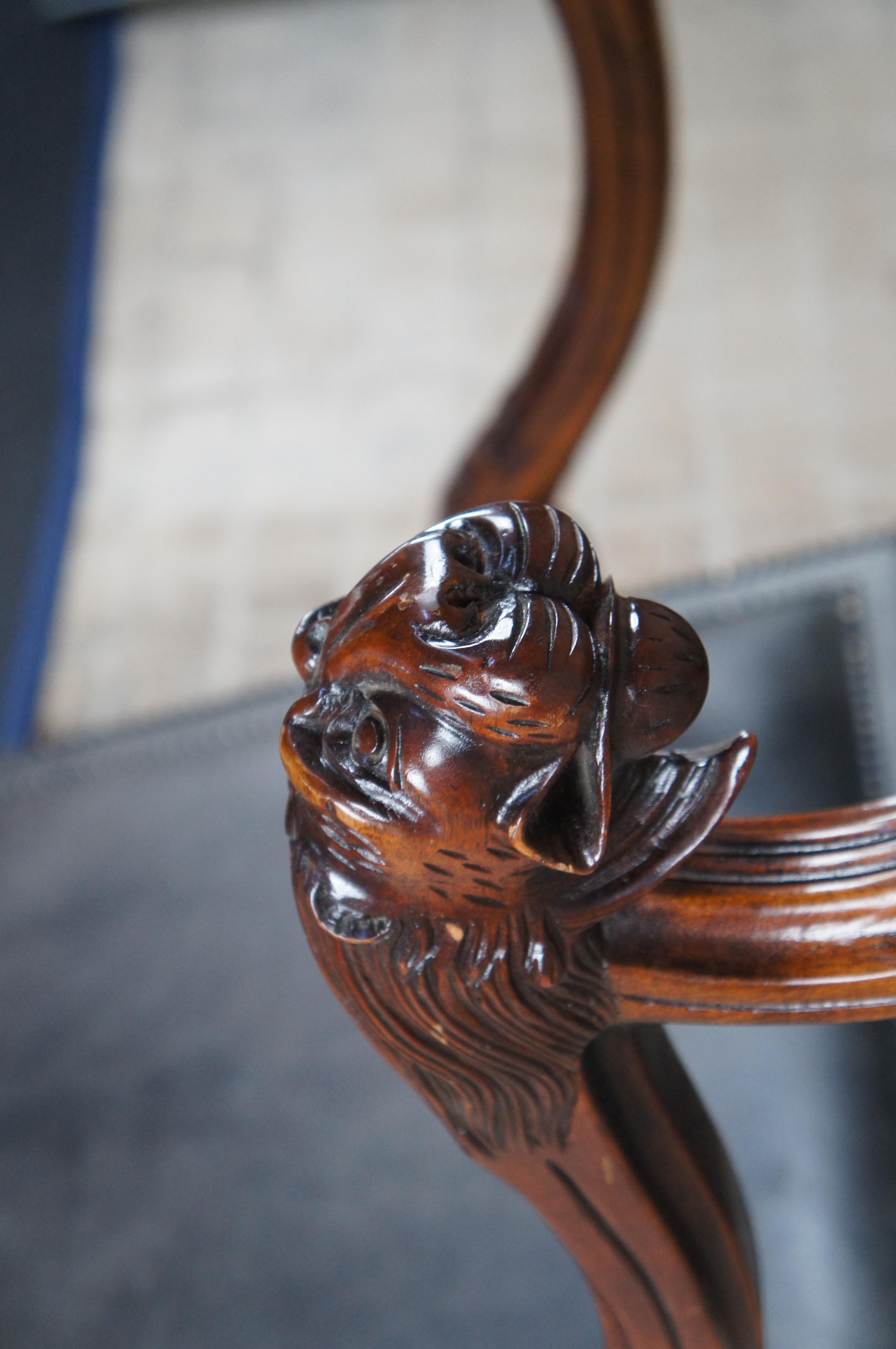Theodore Alexander Spanish Tuscan Figural Lion Head Mahogany Leather Arm Chair In Good Condition For Sale In Dayton, OH