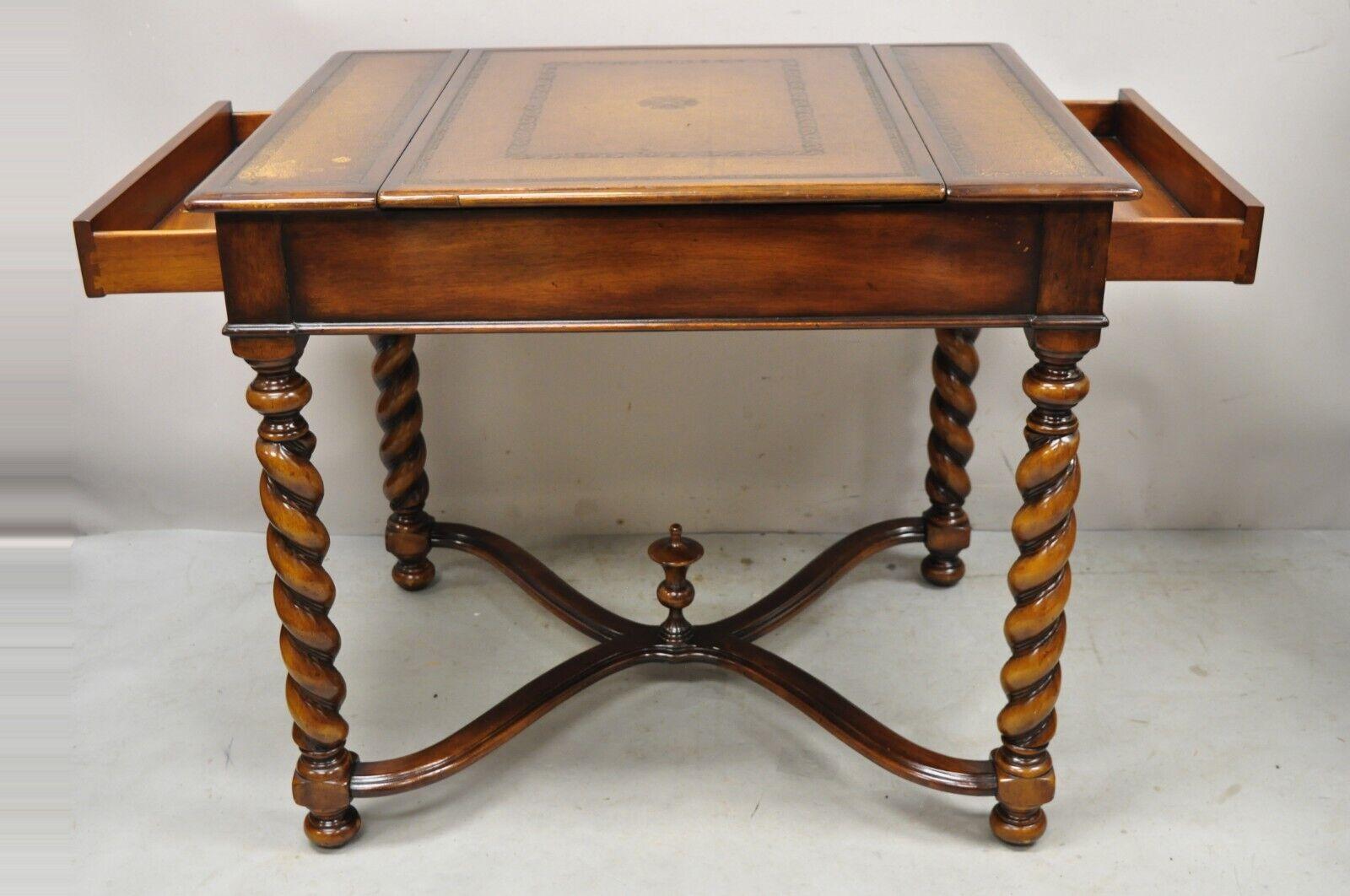 Theodore Alexander Spiral Turned Legs Leather Top Jacobean Style Game Table. Item features a reversible top, tooled leather surfaces, inlaid chess/checkerboard top, carved spiral turned legs, stretcher base with finial, game pieces included. Circa