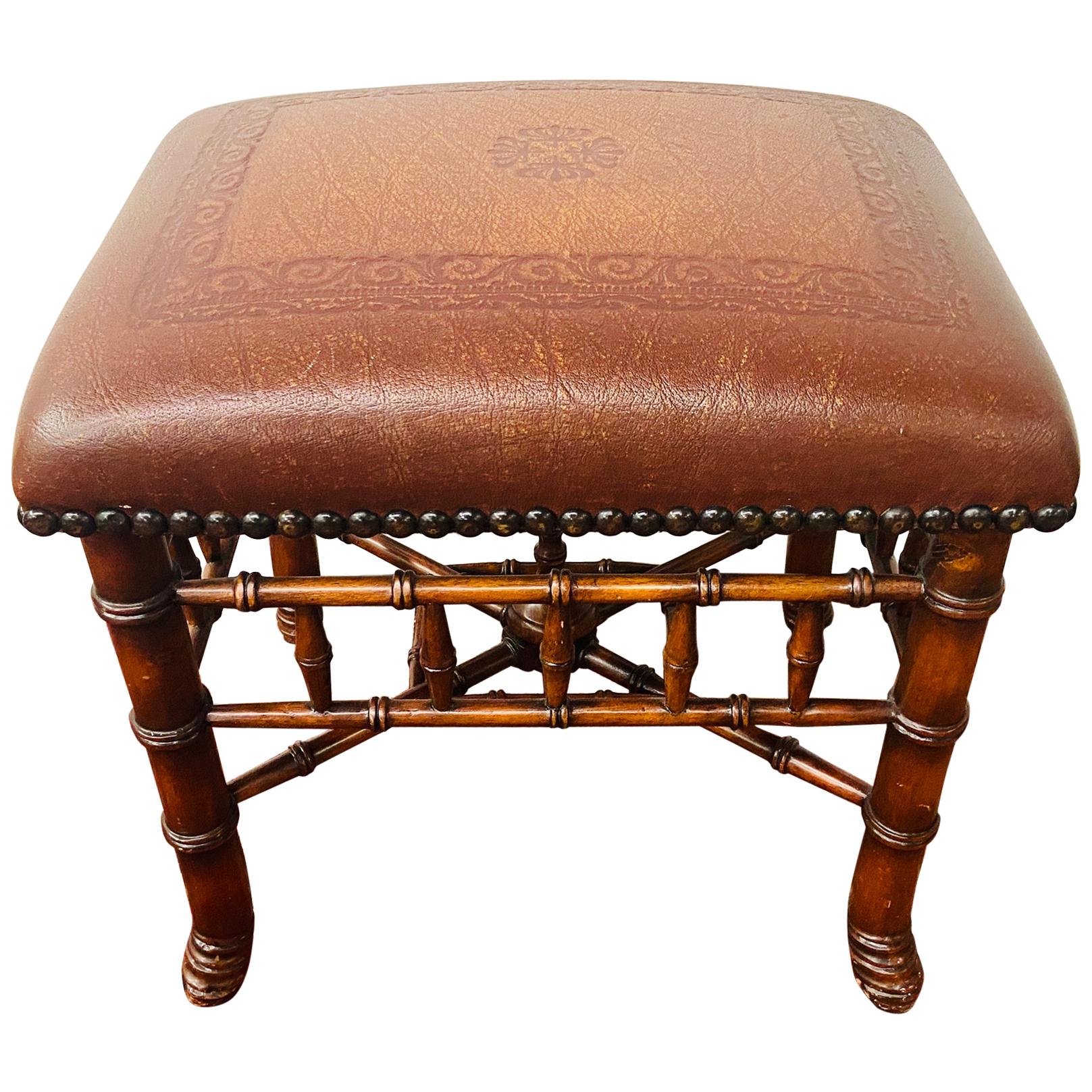 Theodore Alexander Stool or Ottoman Bamboo Base Legs and Leather Seat