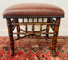 Theodore Alexander Stool or Ottoman Bamboo Base Legs and Leather Seat