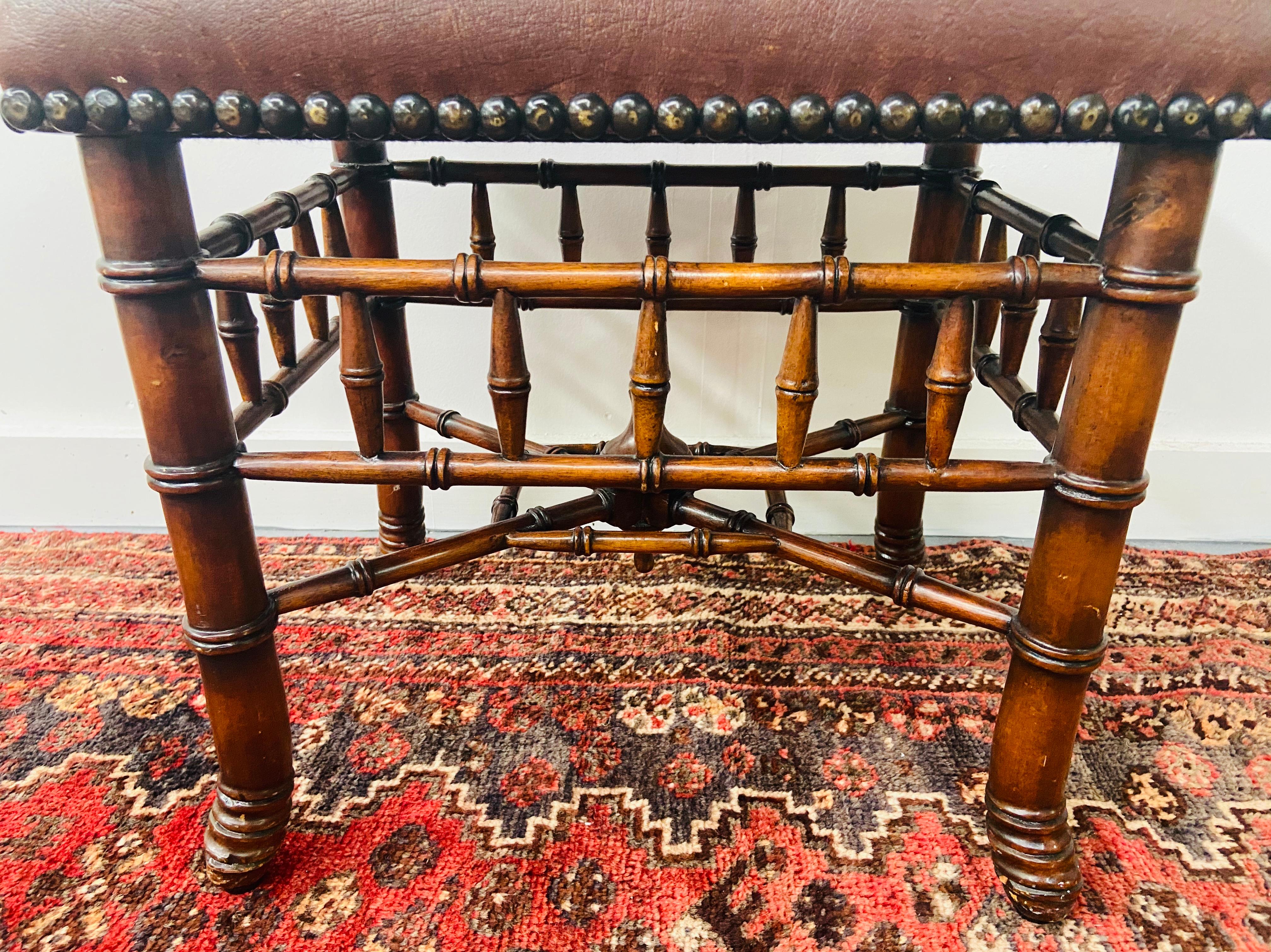 Theodore Alexander Stool or Ottoman Bamboo Base Legs and Leather Seat In Good Condition In Plainview, NY