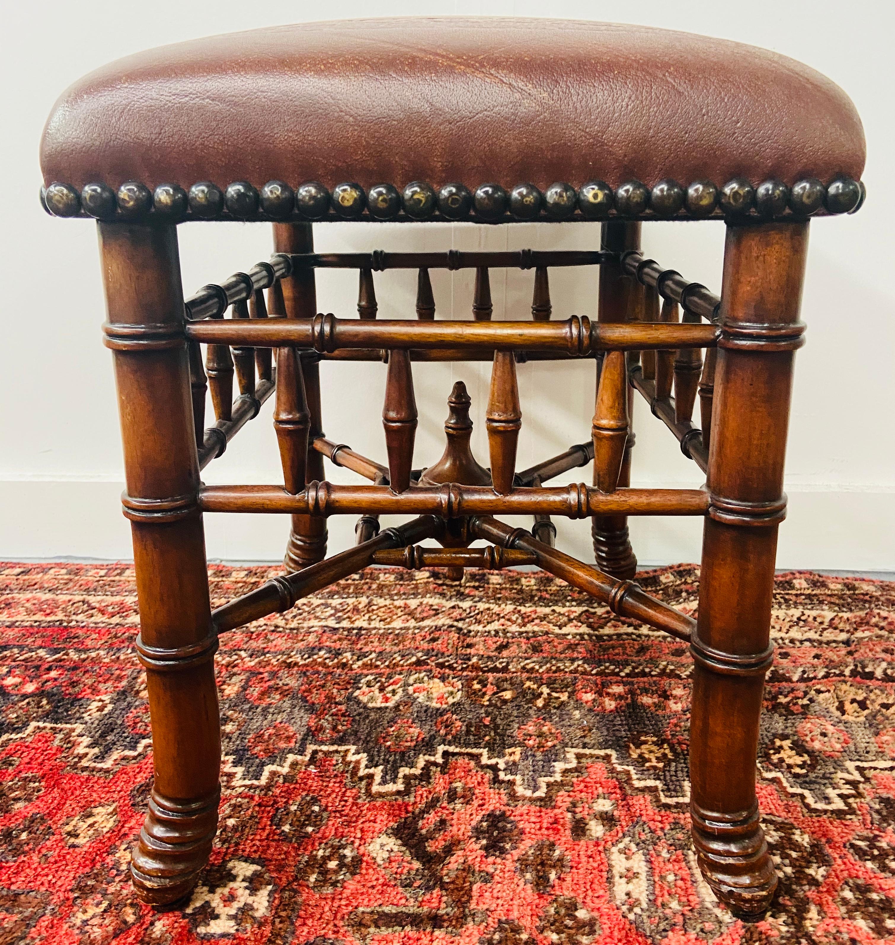 Theodore Alexander Stool or Ottoman Bamboo Base Legs and Leather Seat 1