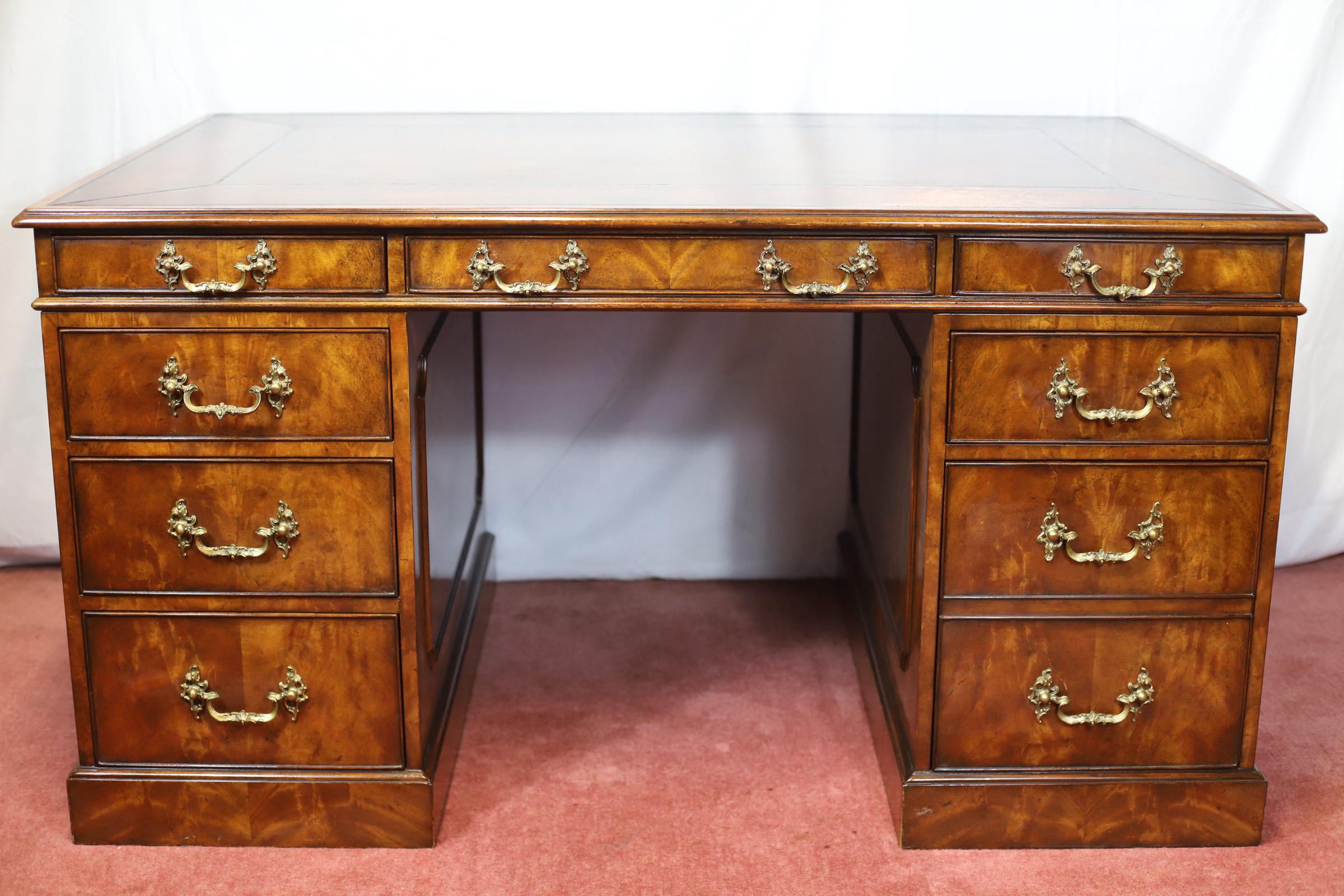 British Theodore Alexander Stuning Modern George III Style  Twin Pedestal Desk For Sale