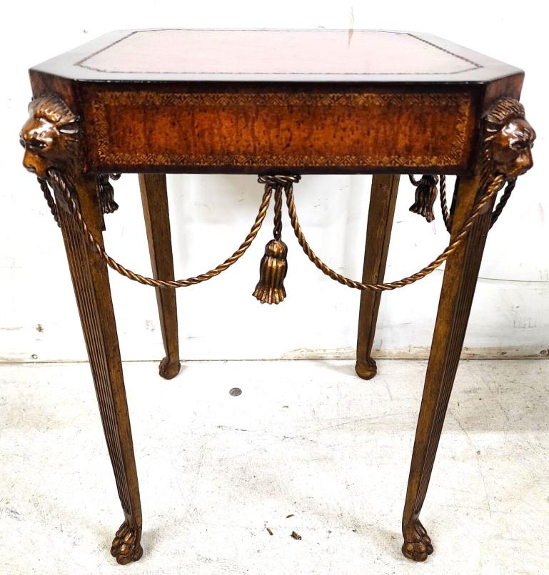 Late 20th Century Theodore Alexander Style Bronze Lions Leather Rope & Tassel Side Drink Table For Sale