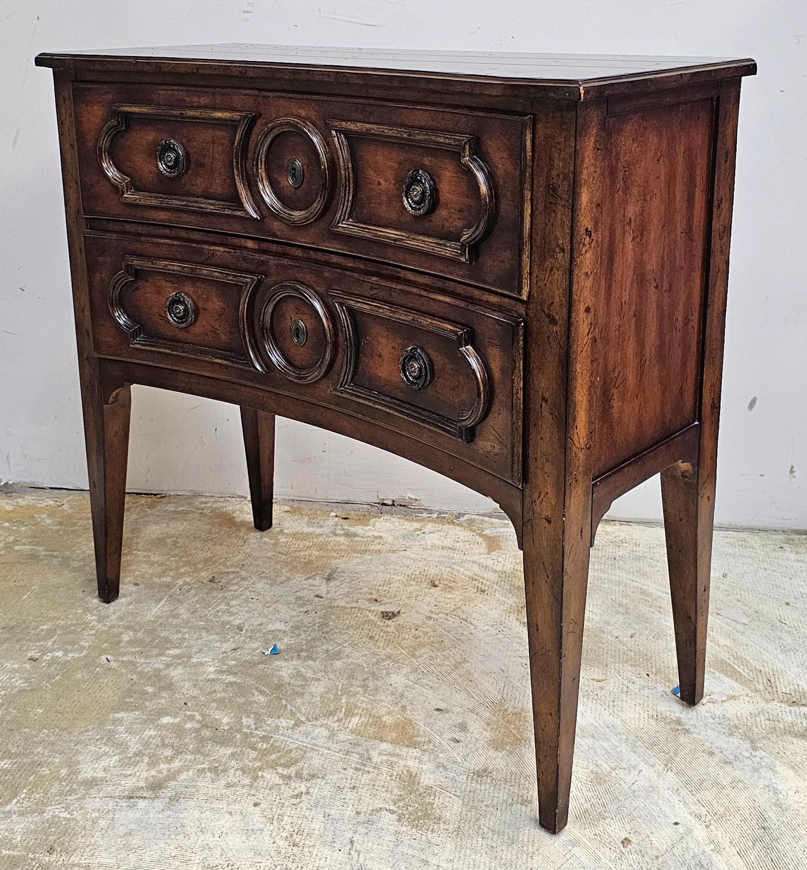 Carved Theodore Alexander Style Walnut Two-Drawer Commode For Sale