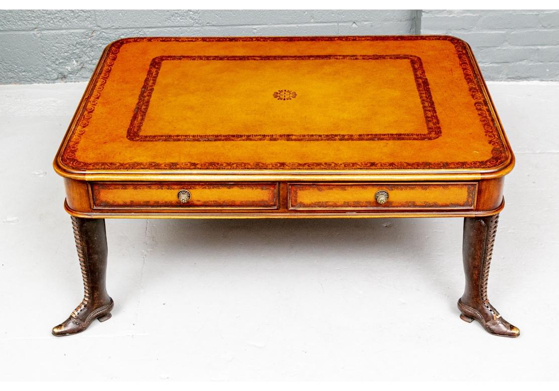 Theodore Alexander Tooled Leather Top Cocktail Table With Boot Form