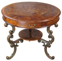 Theodore Alexander Table centrale ronde à tambour en fer traditionnel et noyer incrusté