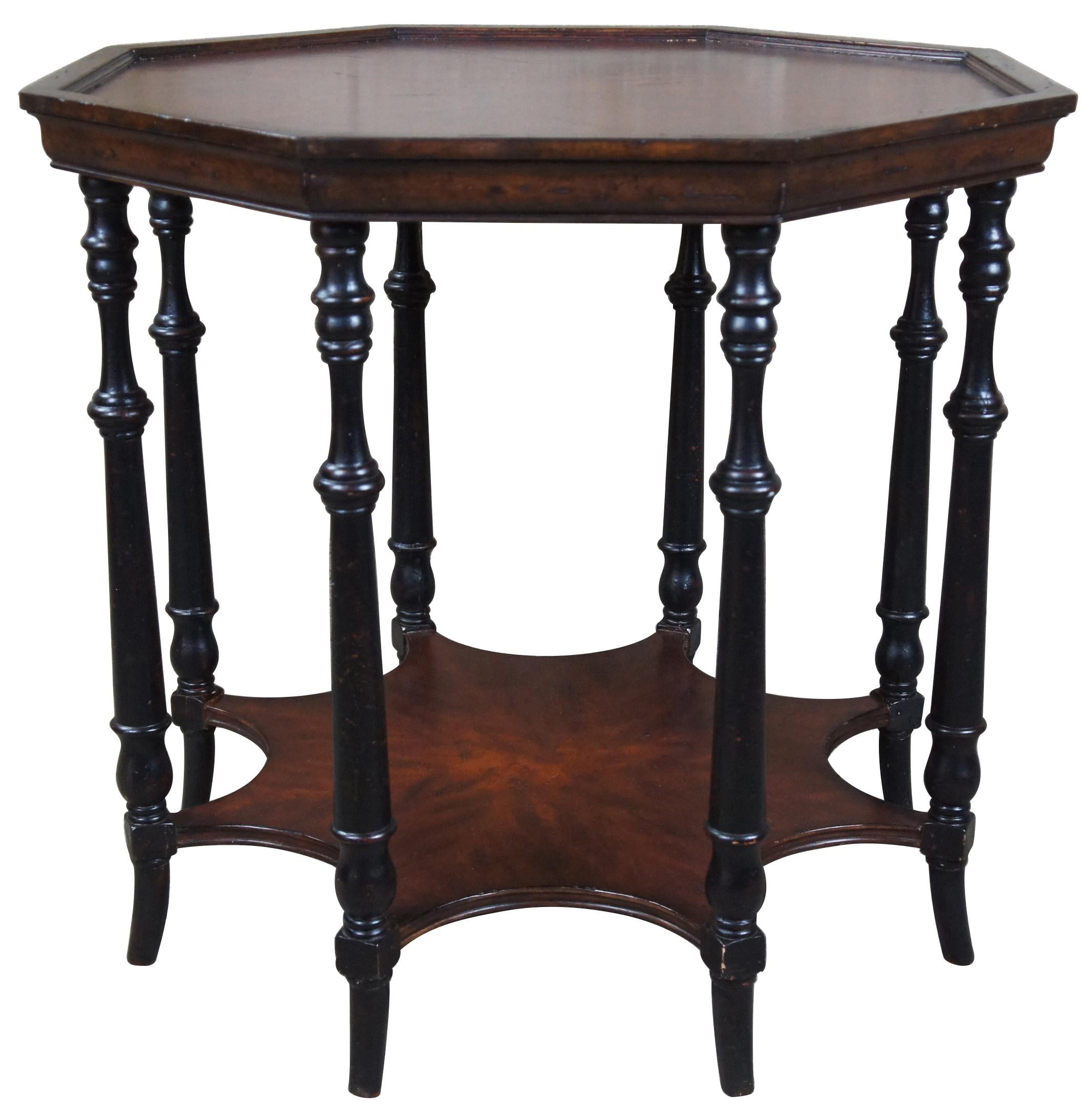 Late 20th century Theodore Alexander two tiered table. Features a matchbook veneered inset top over eight ebonized legs and lower spider web shaped shelf.
  
Corner to Corner - 32.75