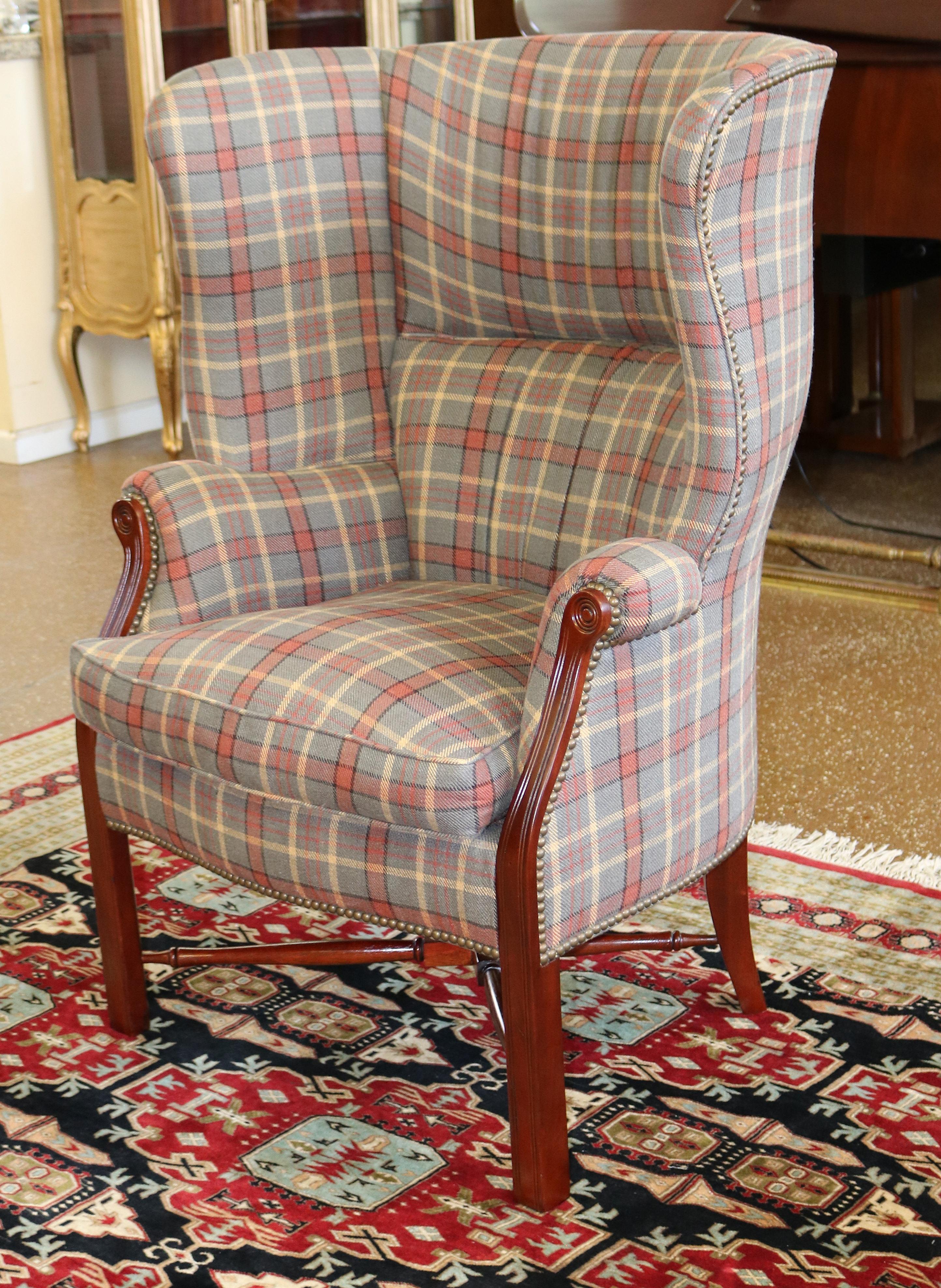 Theodore Alexander TRS Upholstery Mahogany Striped Fabric Fireside Wing Chair 5