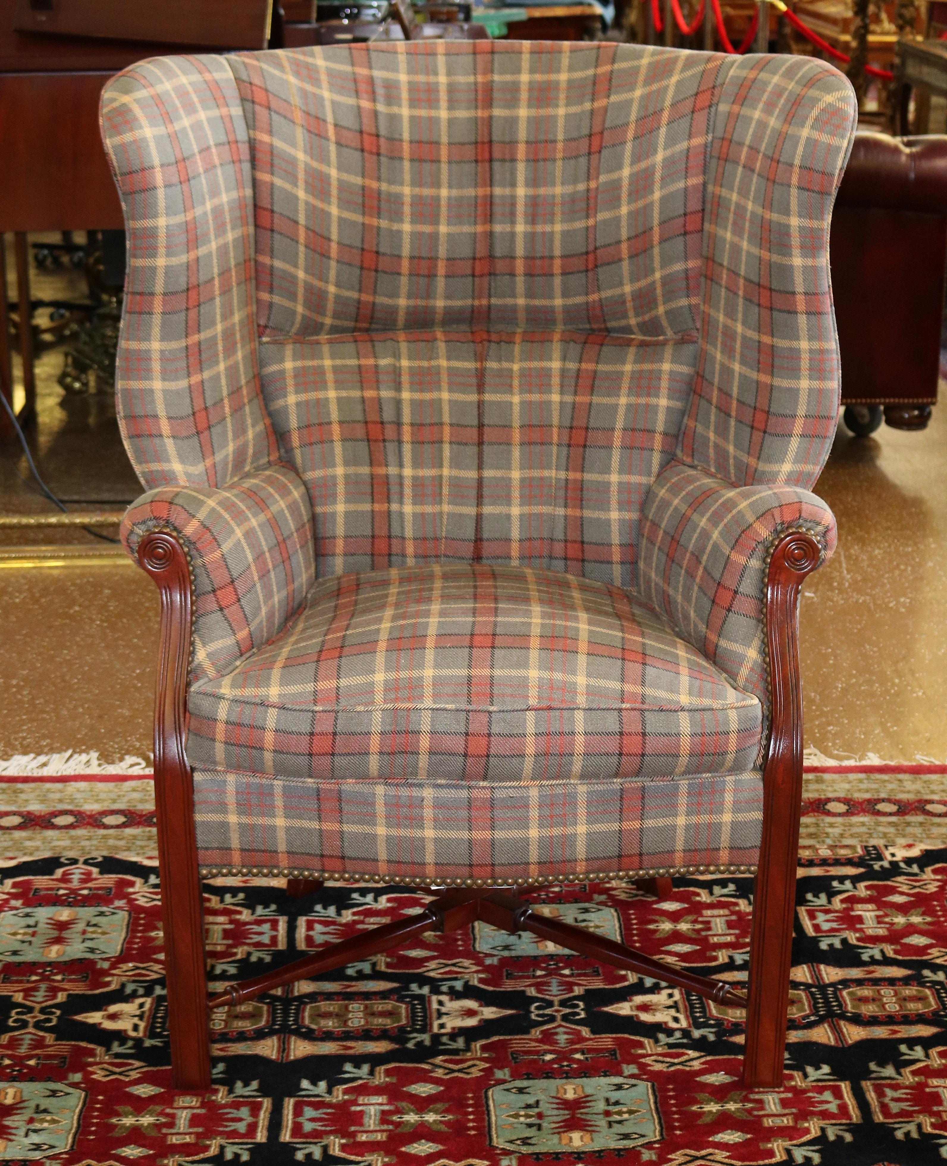 Theodore Alexander TRS Upholstery Mahogany Striped Fabric Fireside Wing Chair

Dimensions : 44