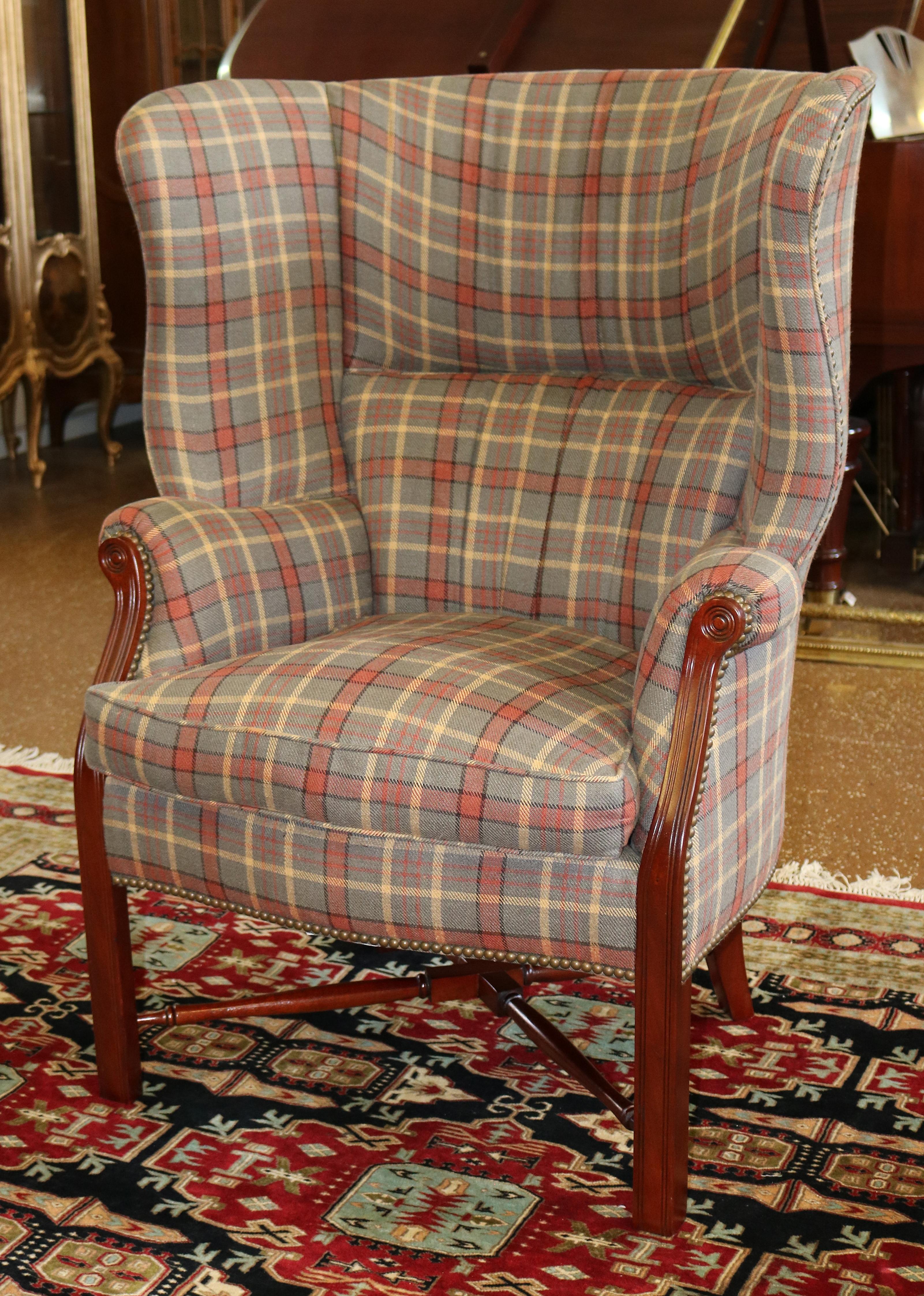 American Theodore Alexander TRS Upholstery Mahogany Striped Fabric Fireside Wing Chair
